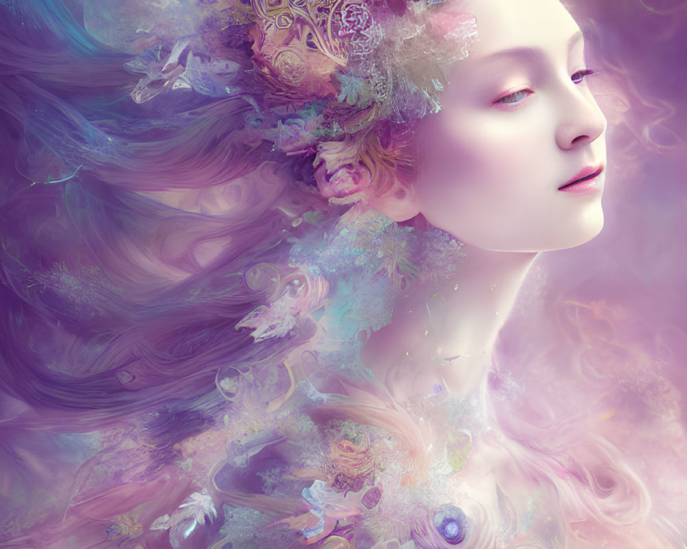 Pastel Floral Hair Woman in Dreamy Misty Swirl