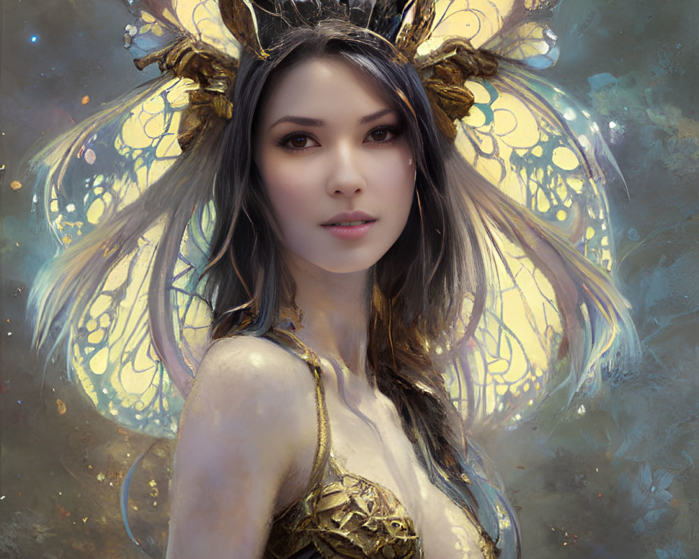 Woman wearing ornate butterfly crown and attire in mystical setting