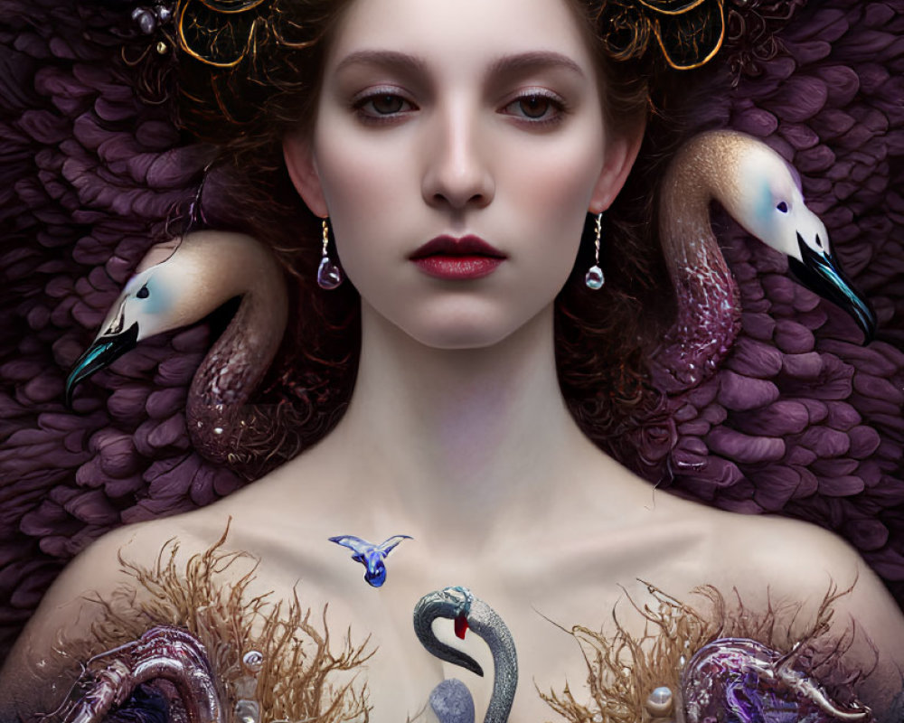 Pale-skinned woman with gold headdress, violet feathers, swans, and blue butterfly.