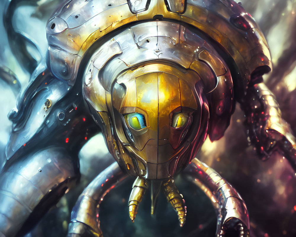 Detailed Illustration: Robot with Golden Faceplate & Silver Armor, Glowing Red Eyes in Misty