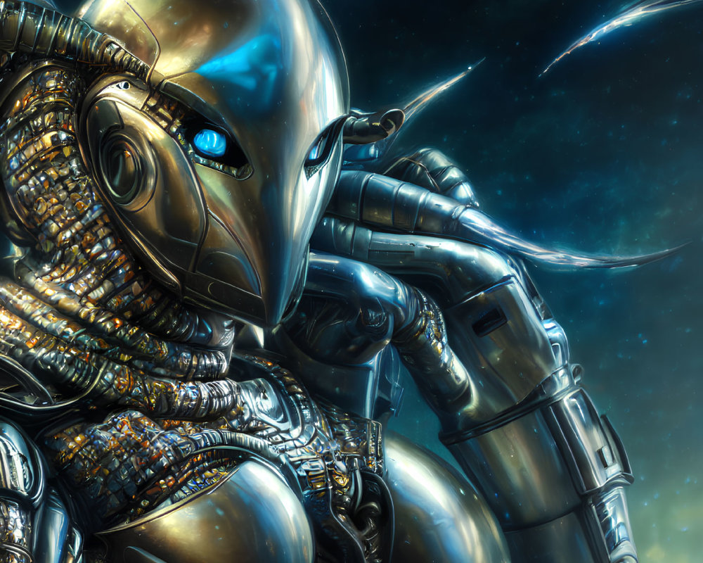 Futuristic robot with metallic armor and blue eyes in space