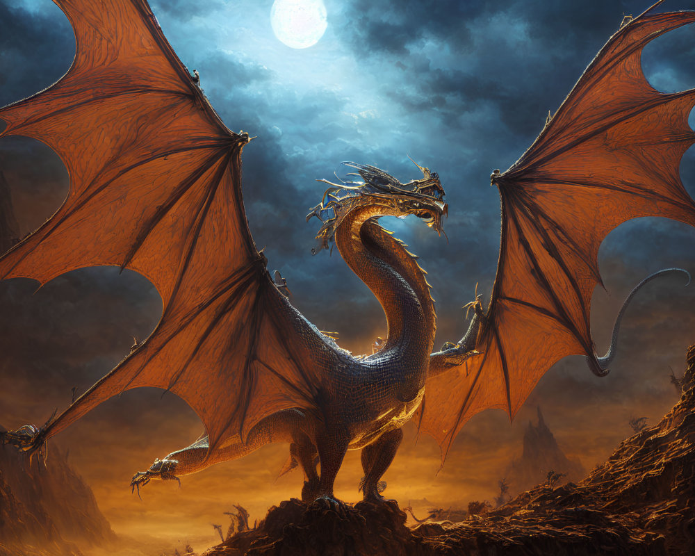 Majestic dragon with fiery-orange wings on rocky terrain under moonlit sky