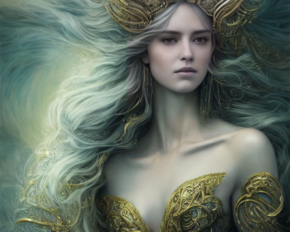 Ethereal woman with golden headdress and armor