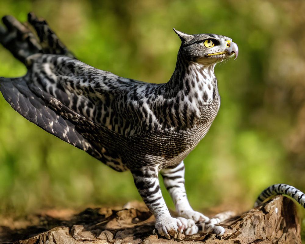 Mythical creature with cat body, bird wings, and talons in forest setting