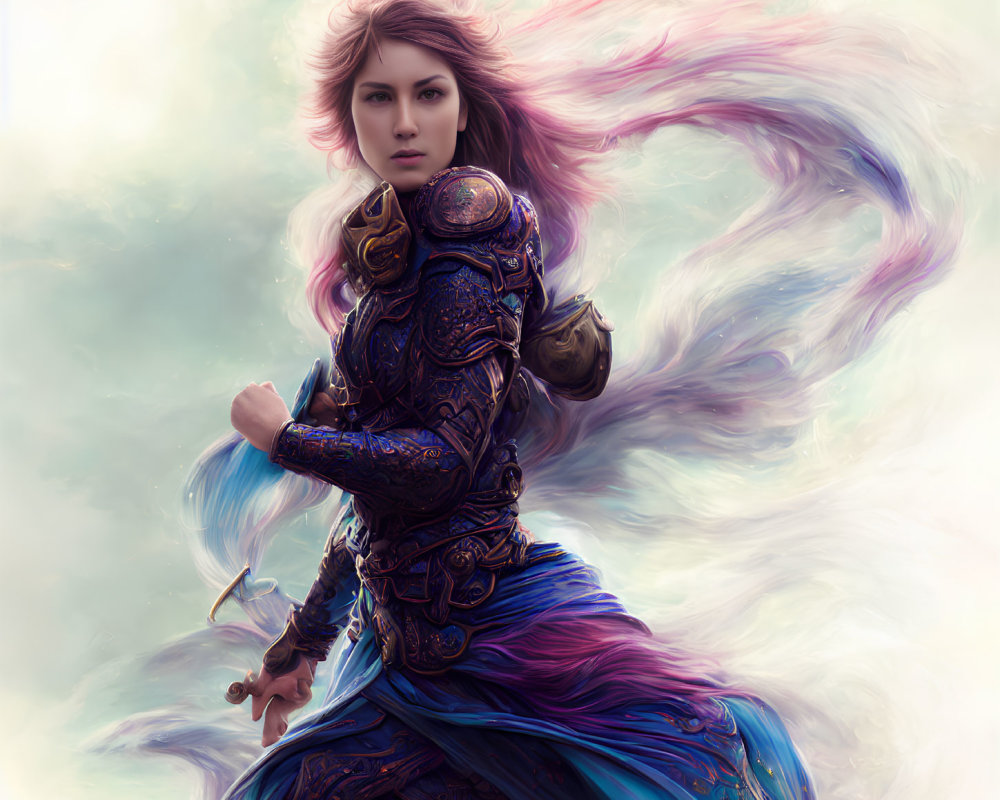 Fantasy warrior woman in ornate armor with pink hair and fierce expression in swirling clouds