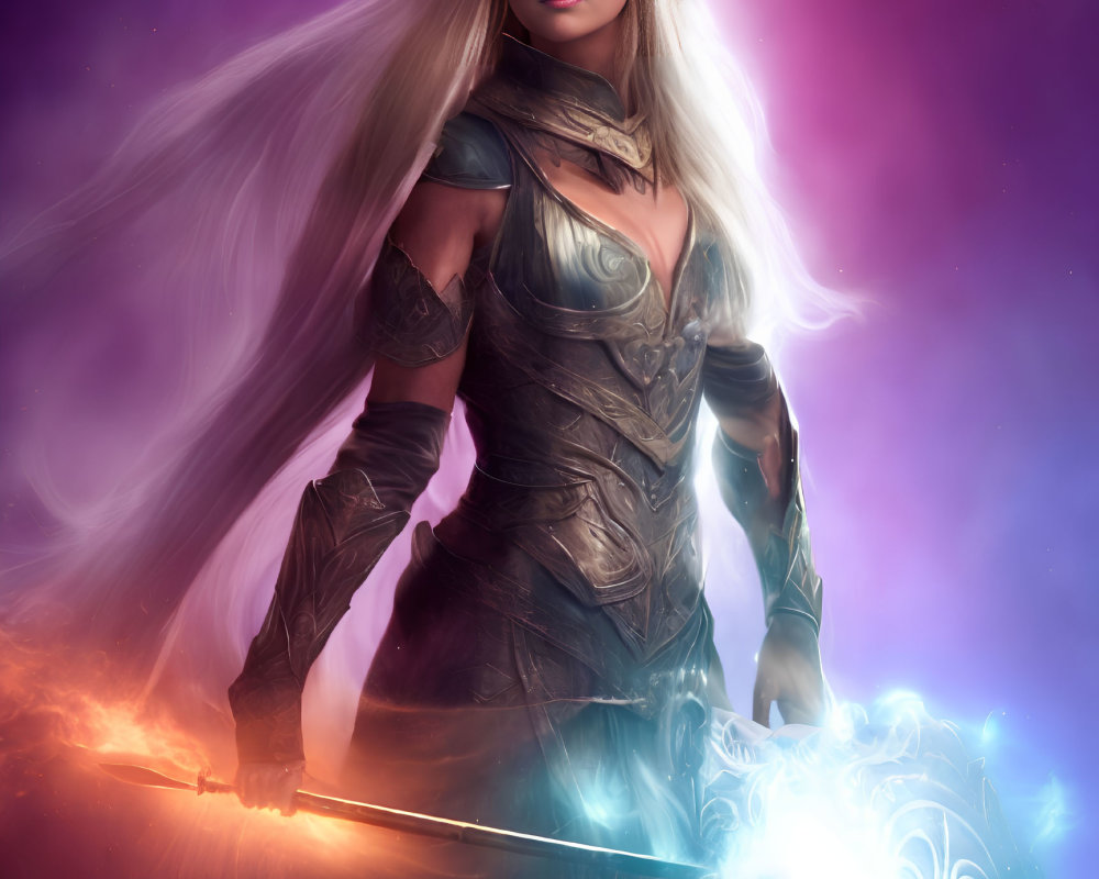 Fantasy warrior woman with glowing blue sword in purple nebula