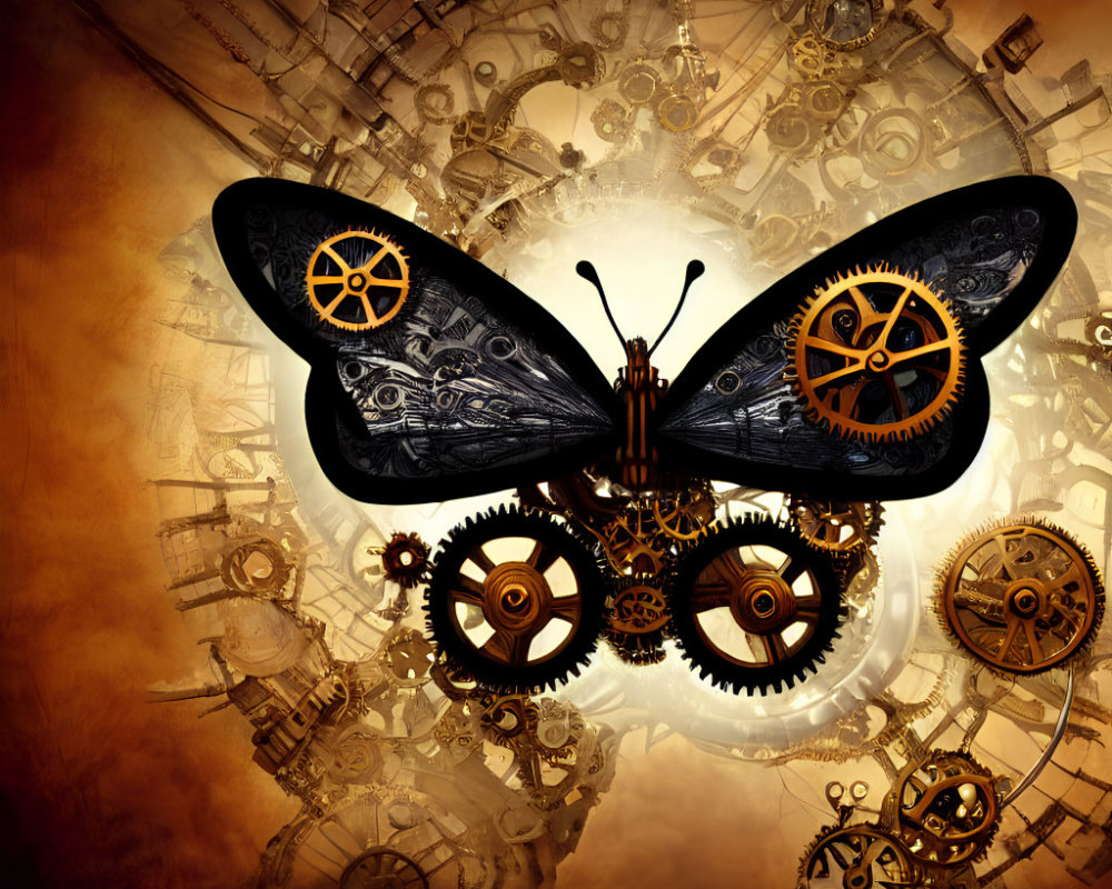 Steampunk-themed mechanical butterfly on clockwork backdrop