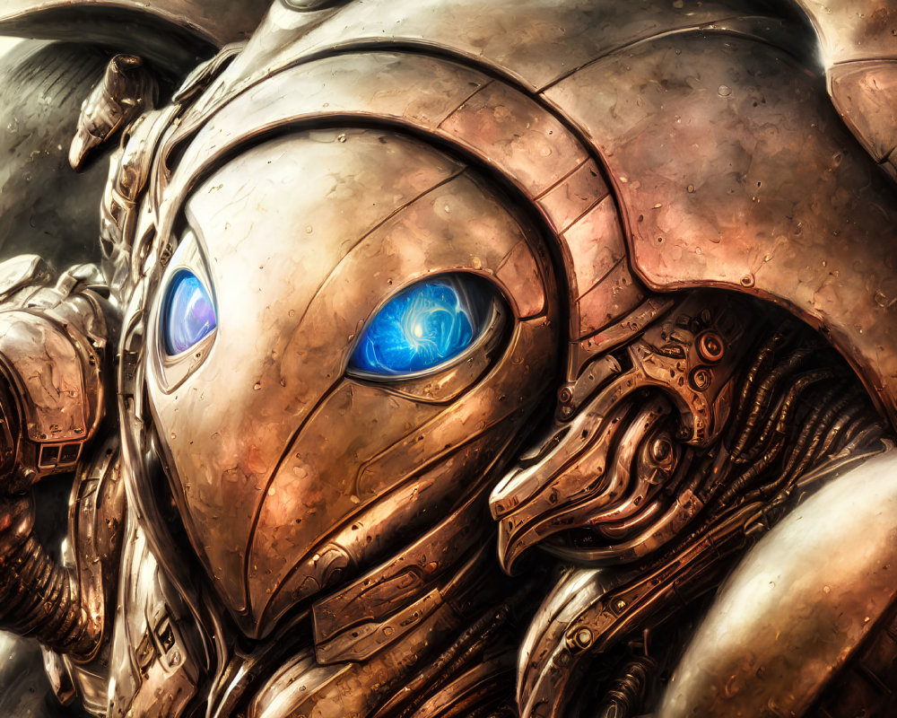 Detailed robotic face with glowing blue eyes and intricate mechanical parts in worn metallic texture