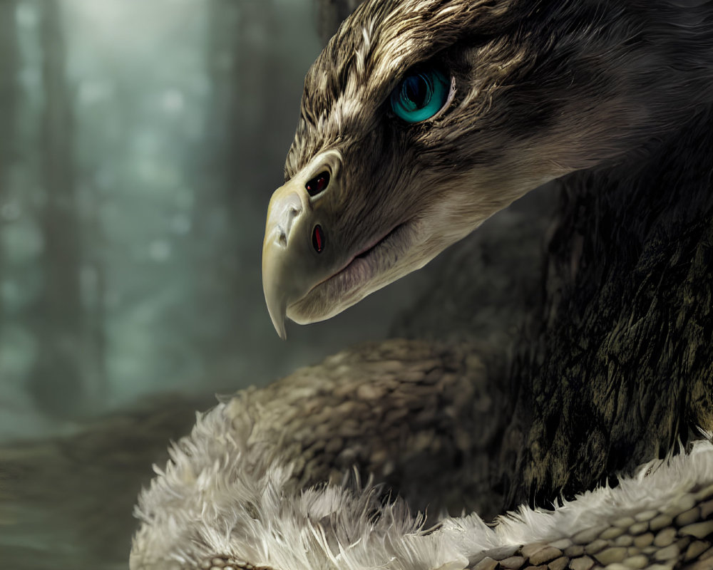 Surreal image: Eagle head, snake body in misty forest