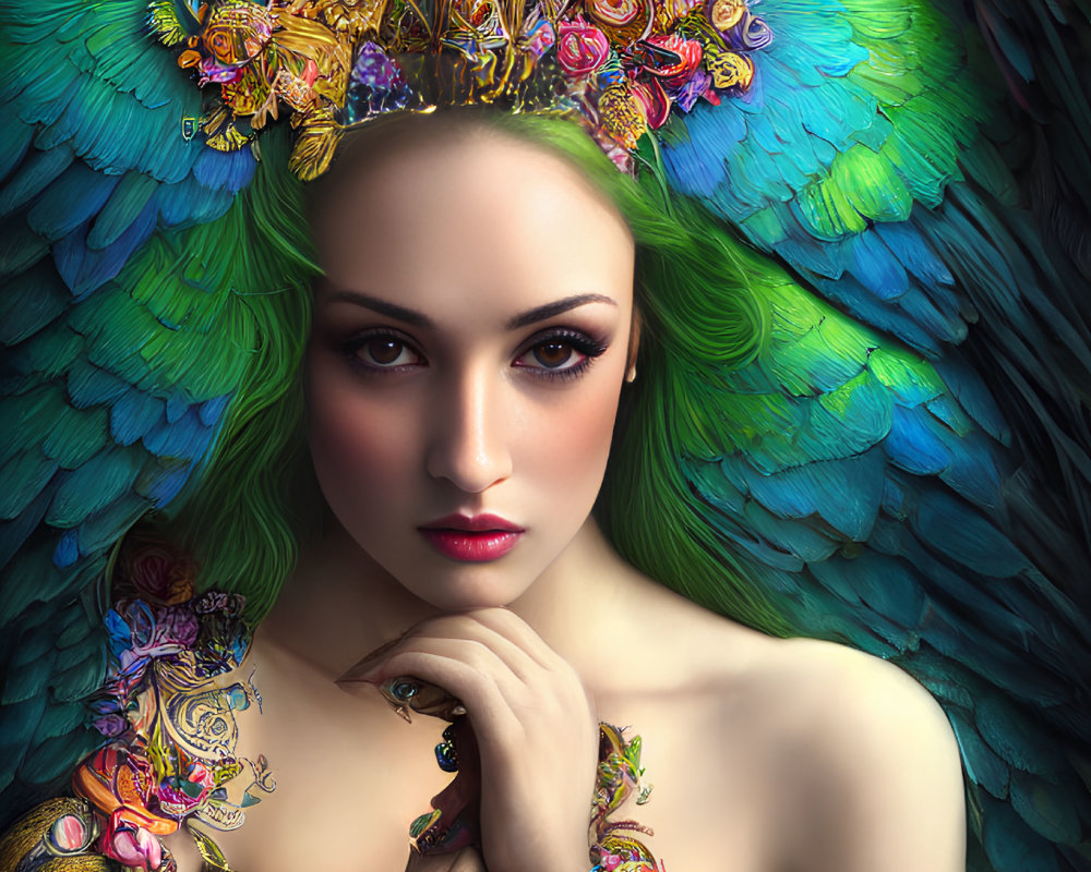 Digital portrait: Woman with peacock feather hair, crown, tattoos, contemplative expression