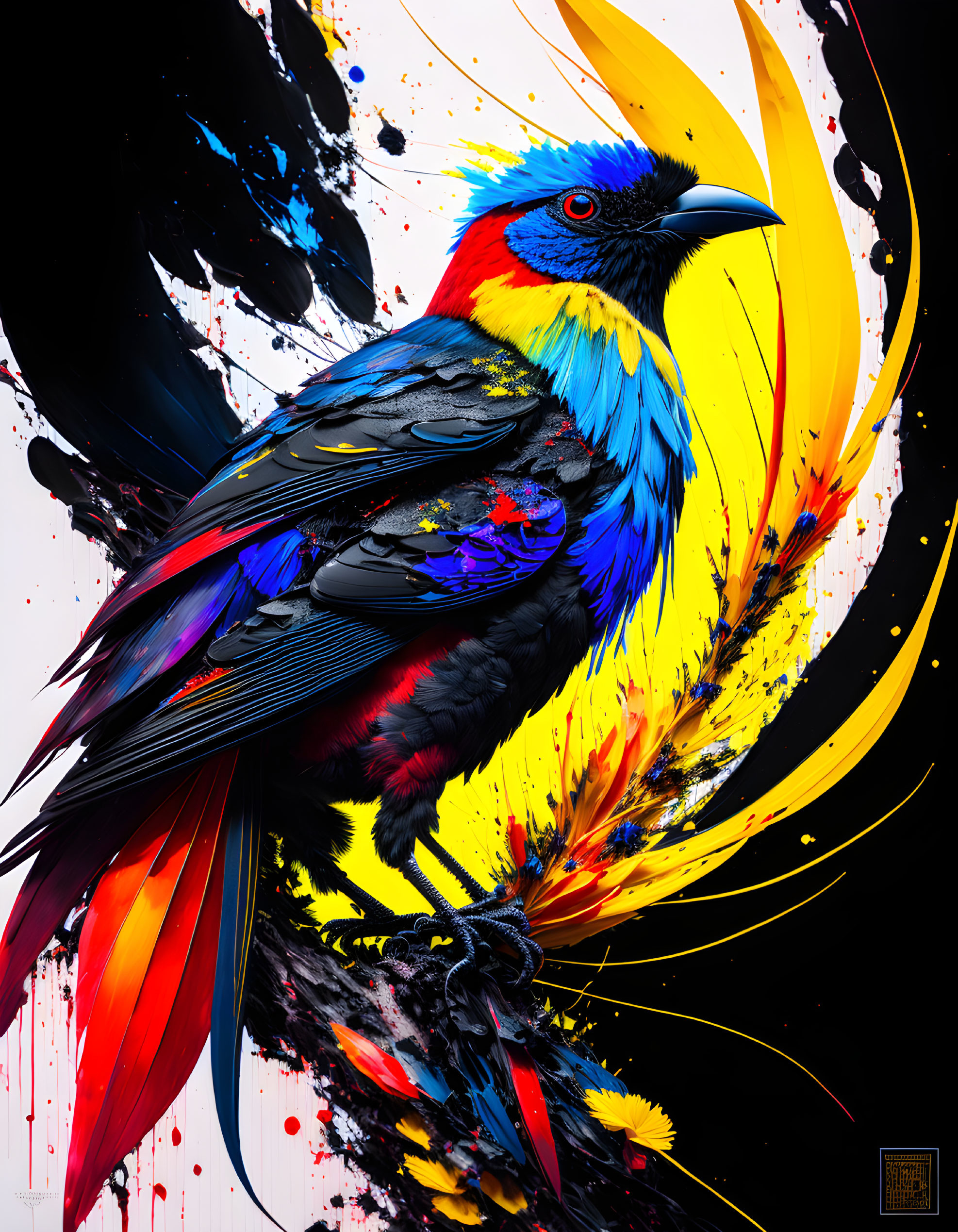 Colorful bird digital artwork: Red, blue, yellow hues on dynamic black and white backdrop