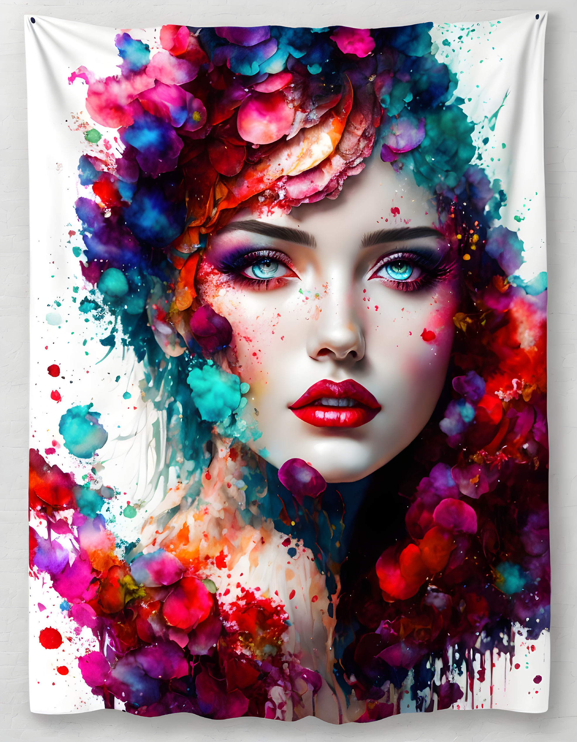 Colorful Female Figure Artwork on Fabric with Splattered Paint Details