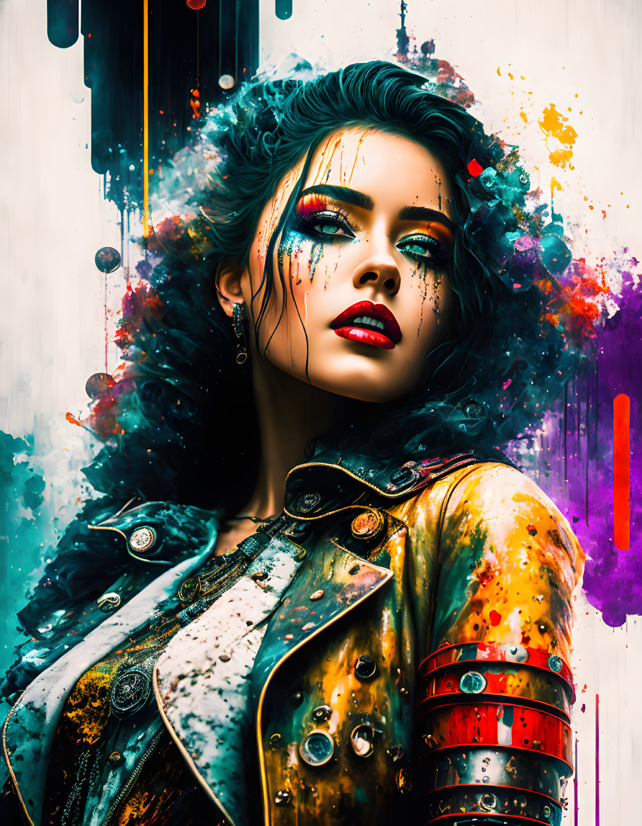 Colorful digital artwork: Woman with expressive makeup and dynamic paint splashes