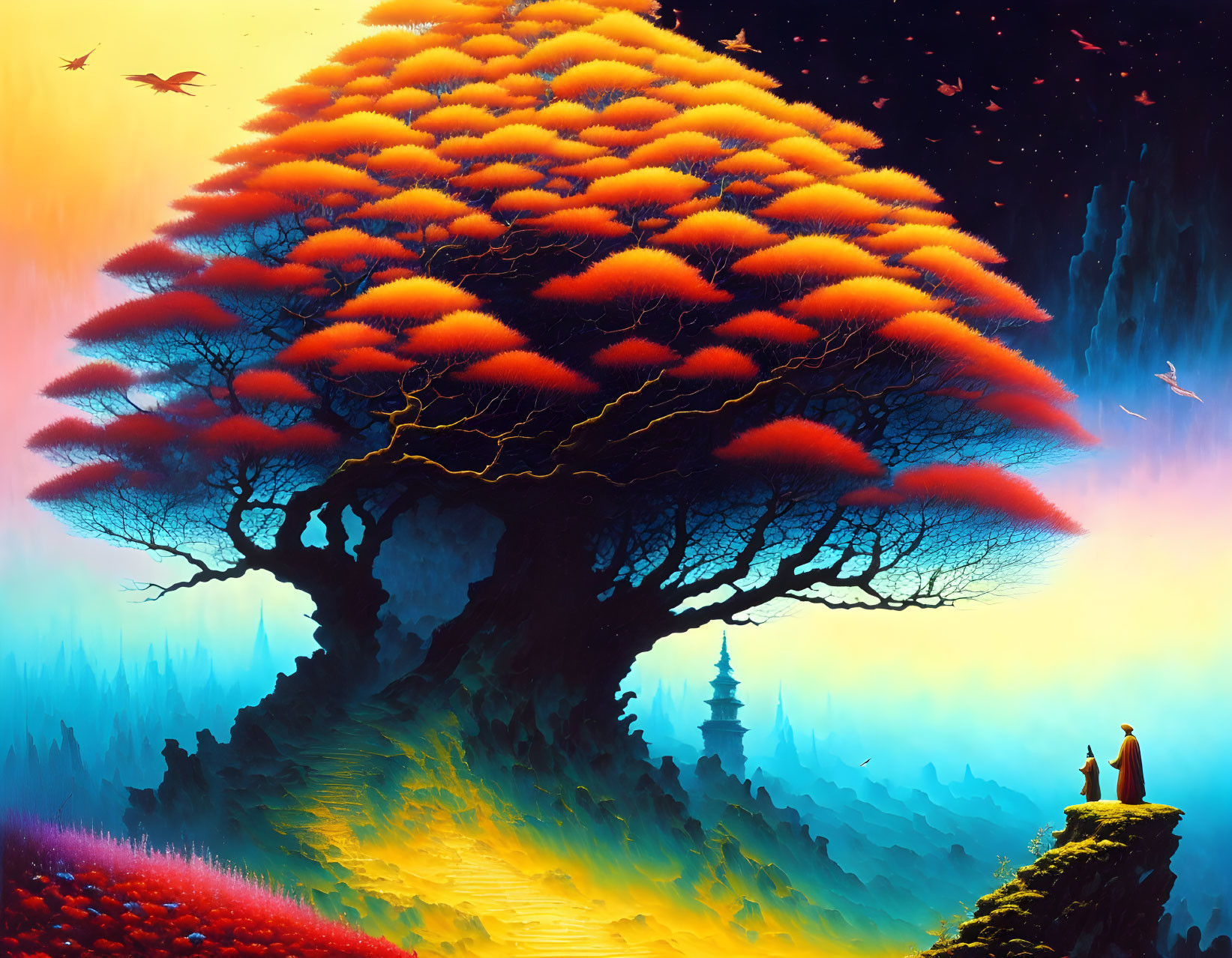 Colorful surreal landscape with fiery tree, cliff person, birds, and pagoda under starry sky