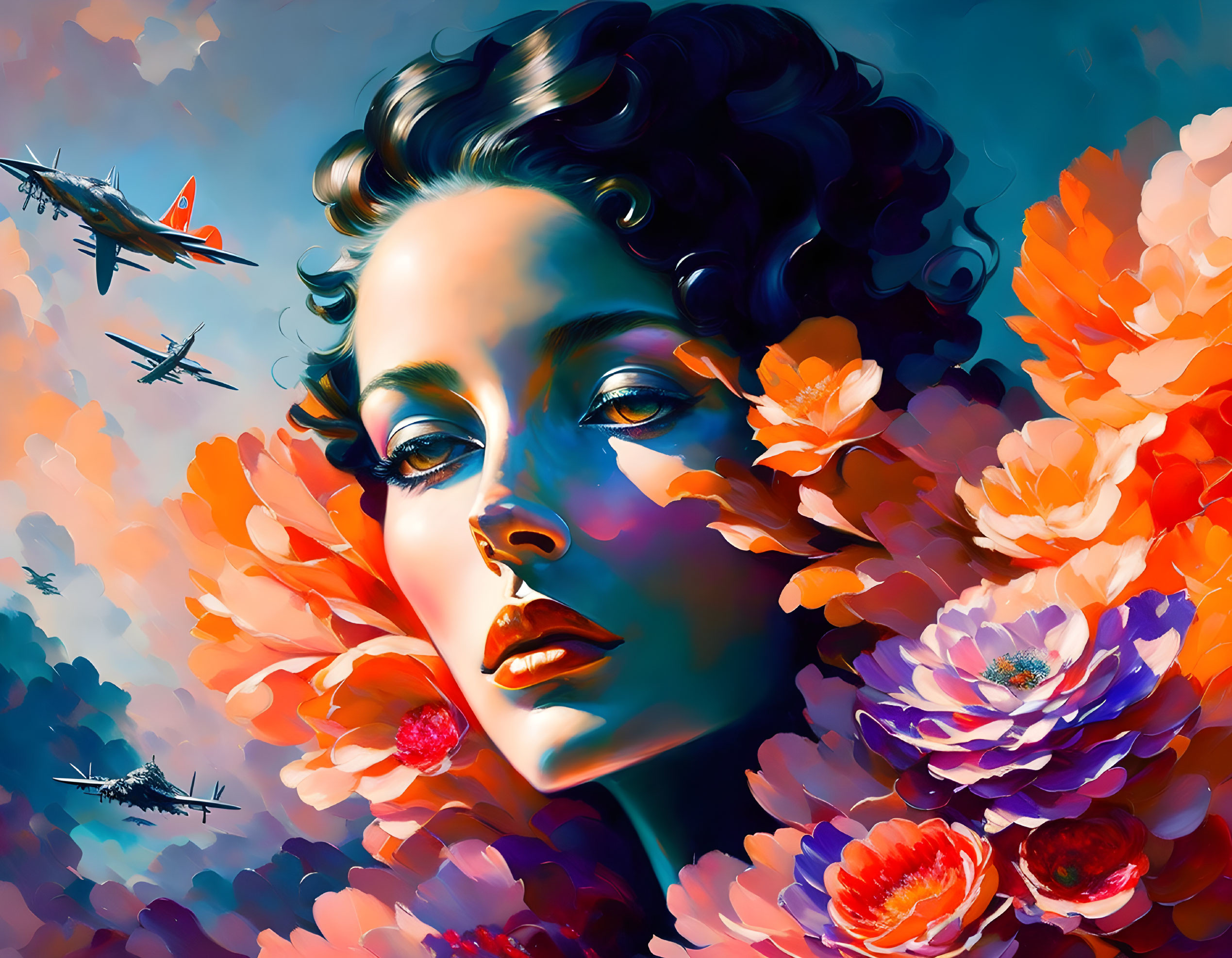 Vibrant digital artwork featuring woman's face and flowers with airplanes in the sky