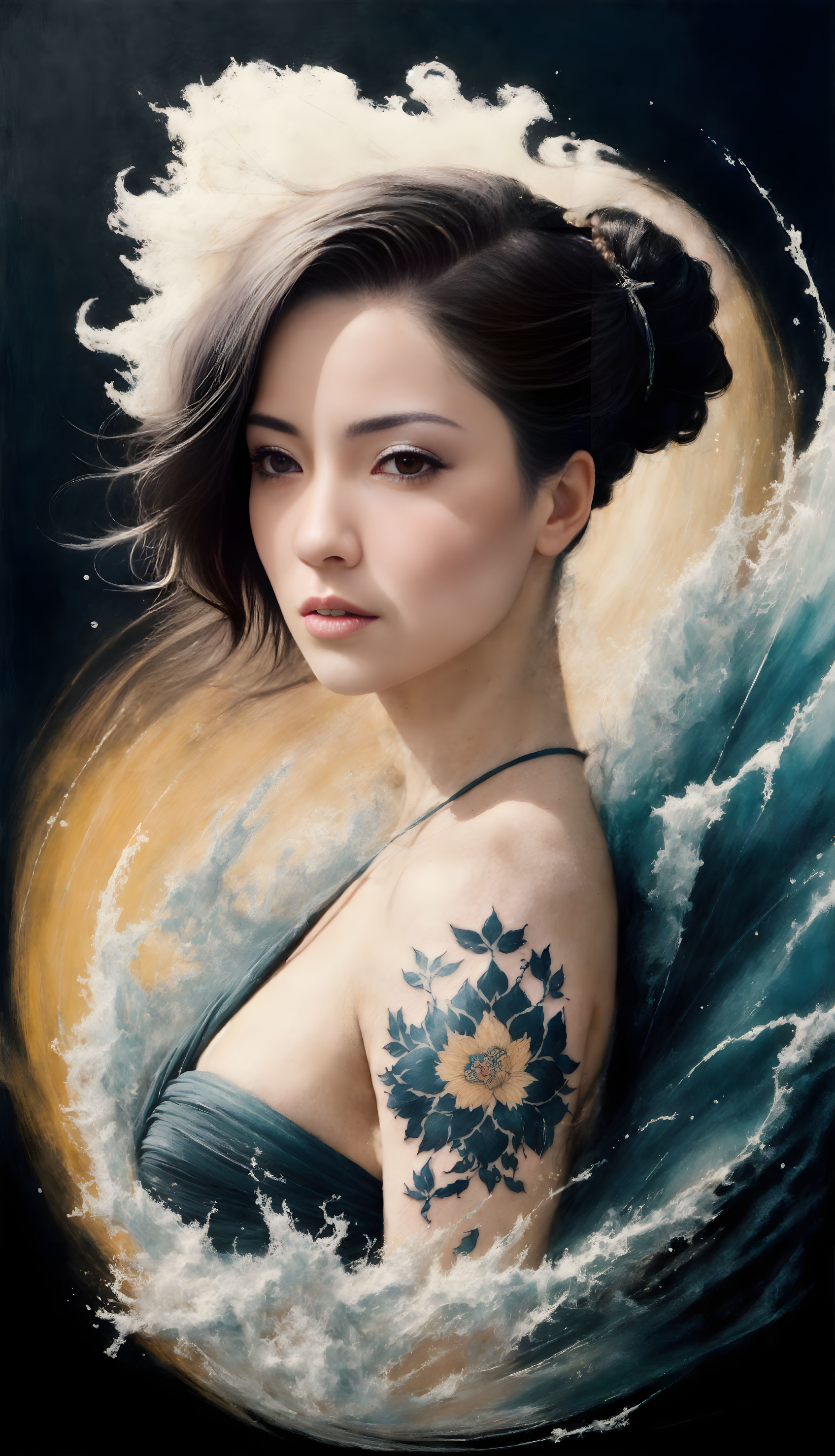 Woman with floral tattoo and wavy hair in ocean wave swirl.