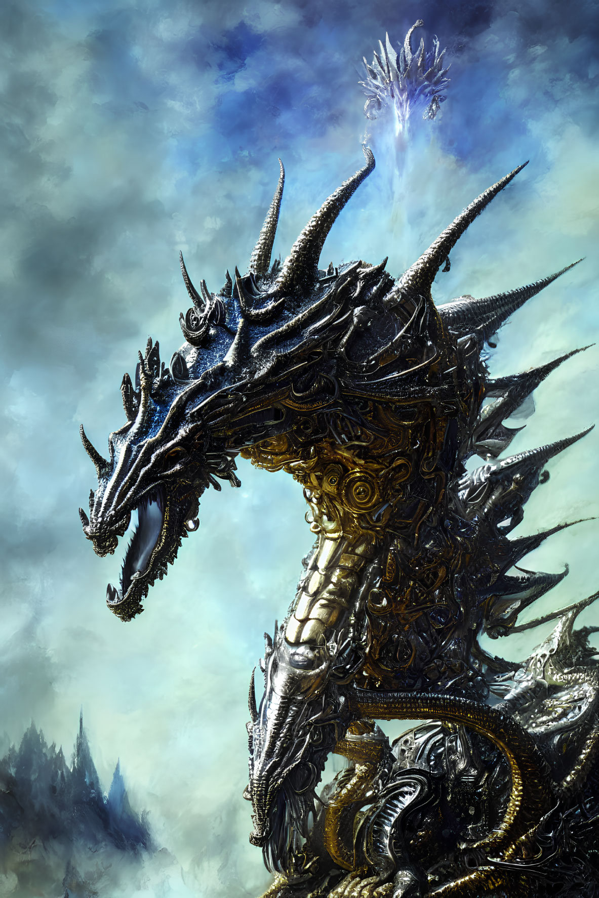 Majestic dragon with intricate scales and horns against cloudy sky