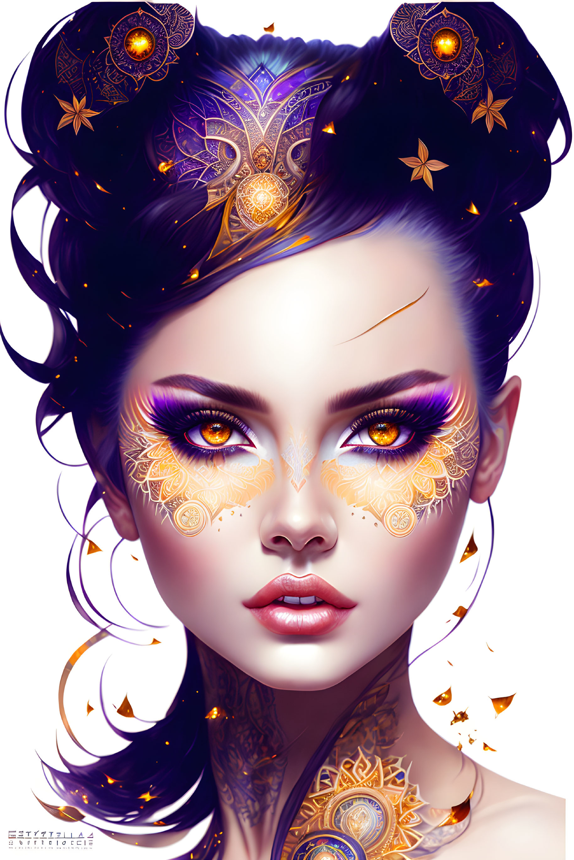 Detailed illustration of woman with golden face makeup, tattoos, purple eye shadow, headpiece, earrings