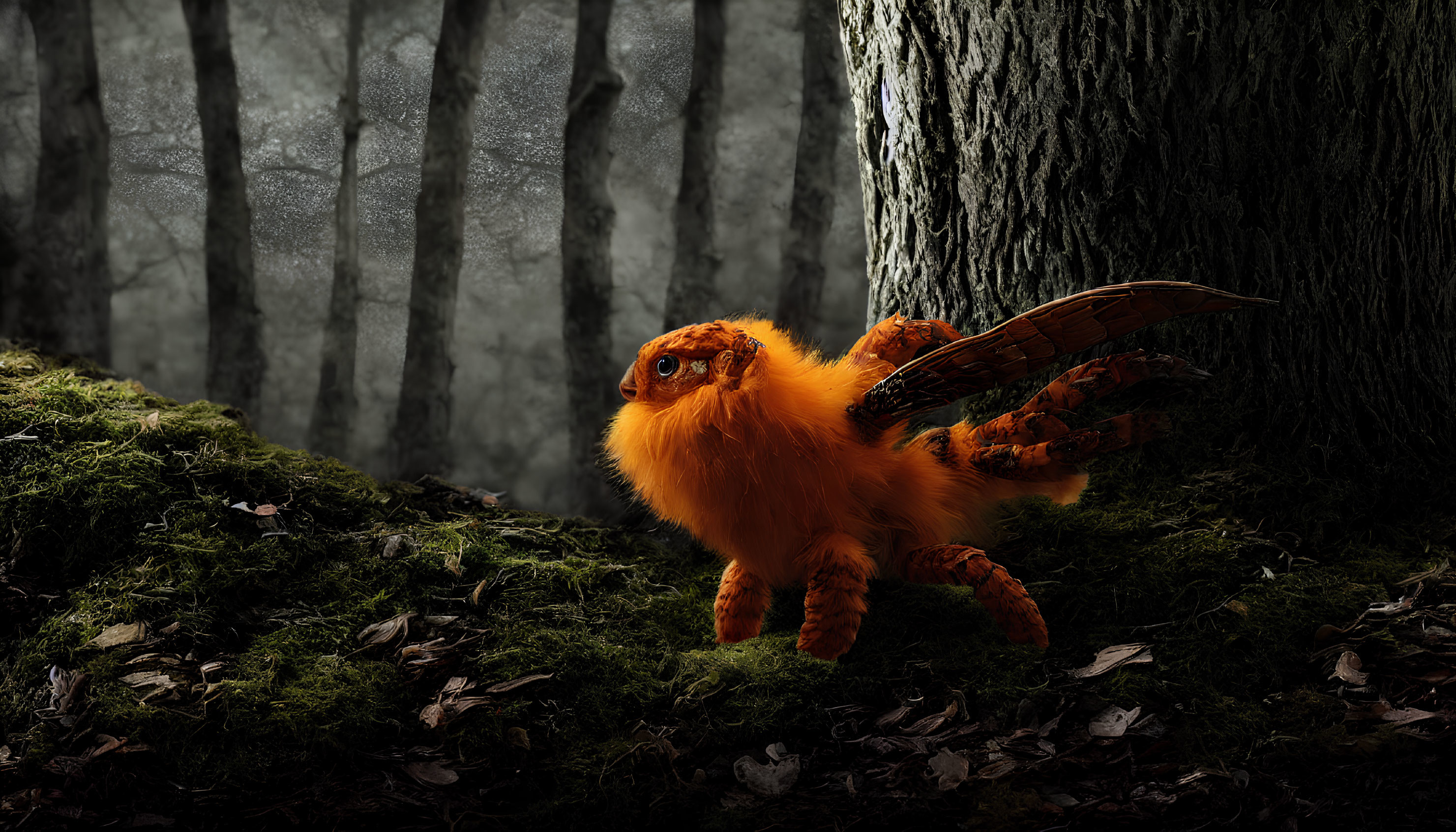 Fuzzy winged creature with large eyes in misty forest landscape