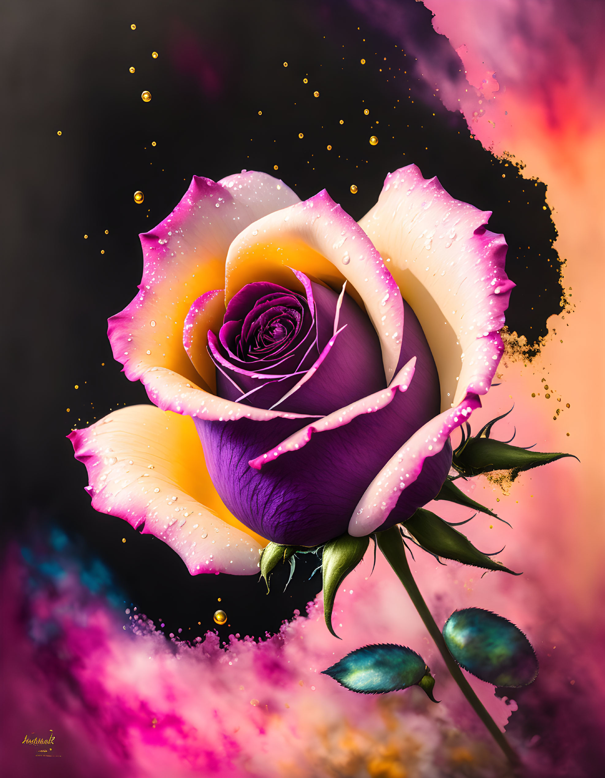 Colorful digital artwork: Rose with purple center and yellow edges on vibrant multicolored background.