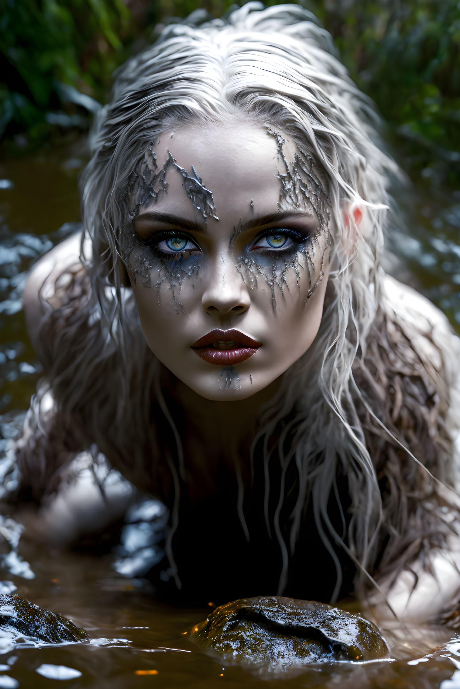 Woman with black tear-like makeup, crystal formations, wet silver hair, and blue eyes emerges from water