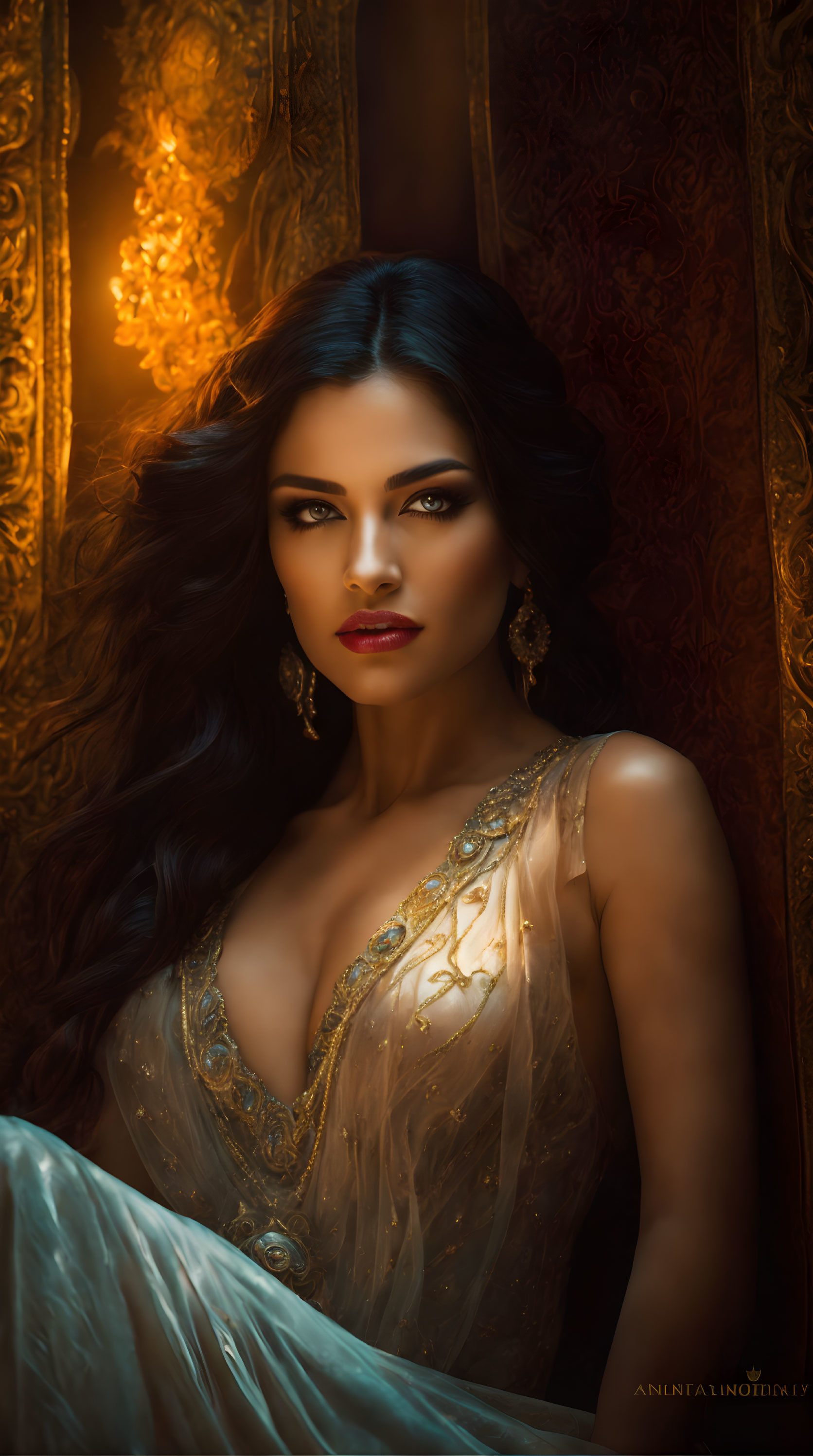 Dark-haired woman in elegant gown with golden embroidery in warm portrait.