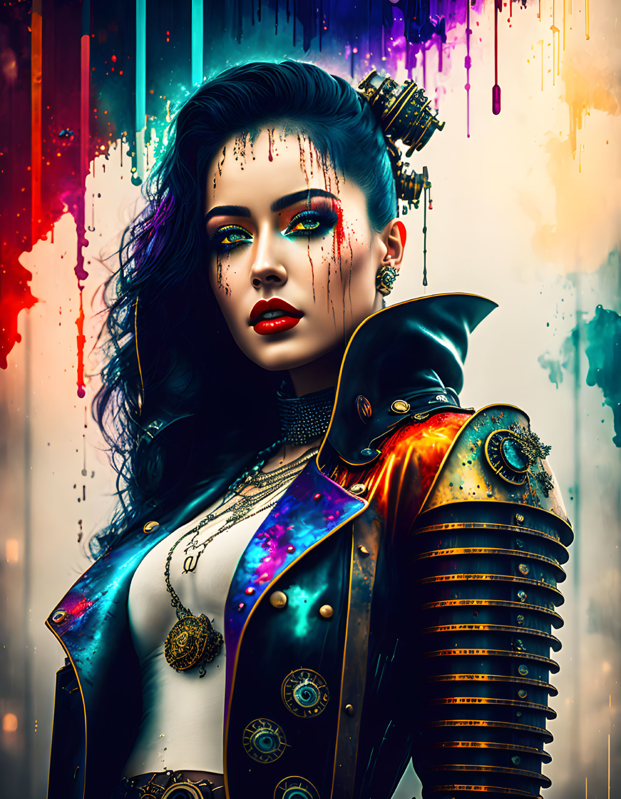 Colorful Cyberpunk Woman Portrait with Mechanical Elements