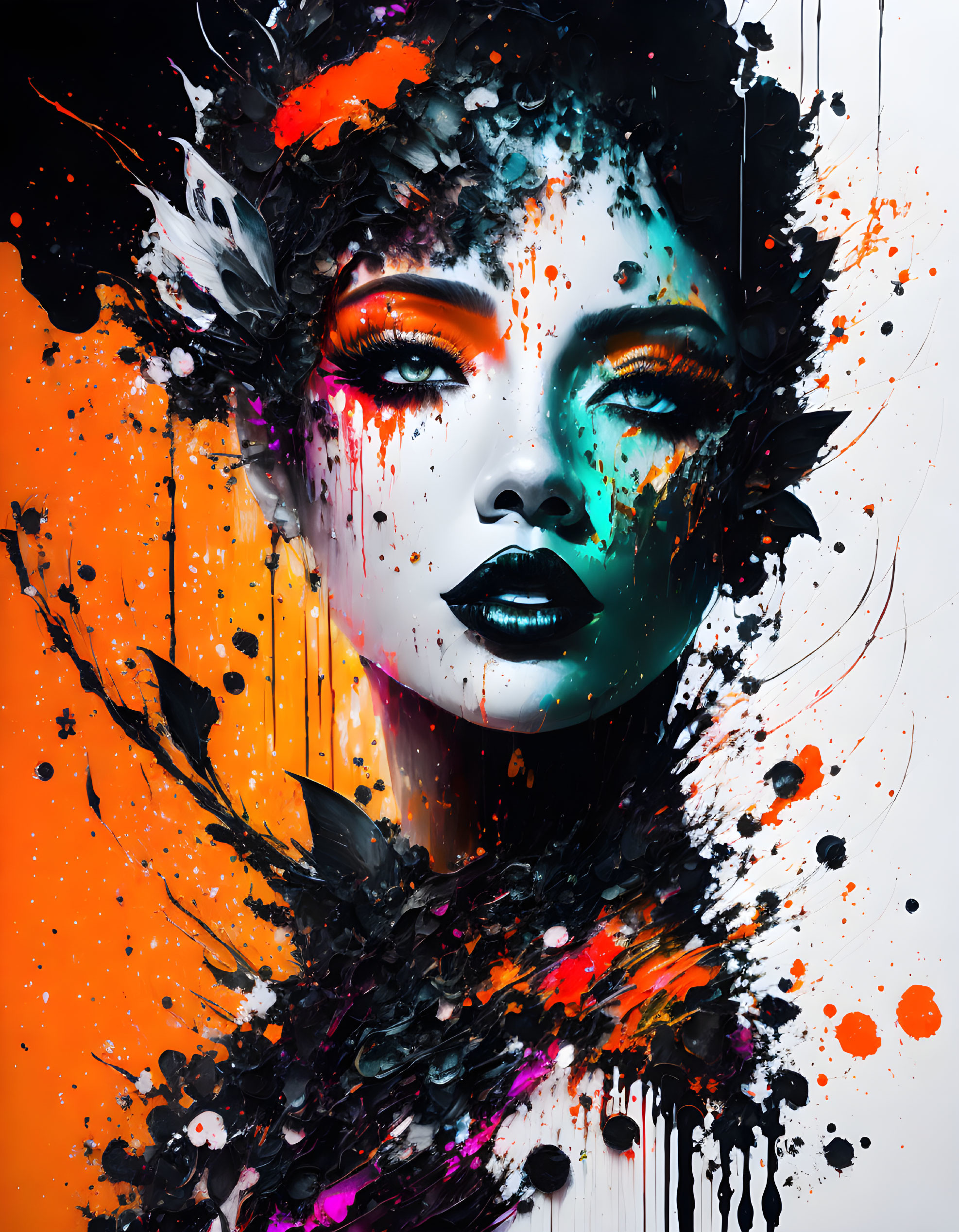 Colorful abstract digital artwork of woman with splash design and feathered hair