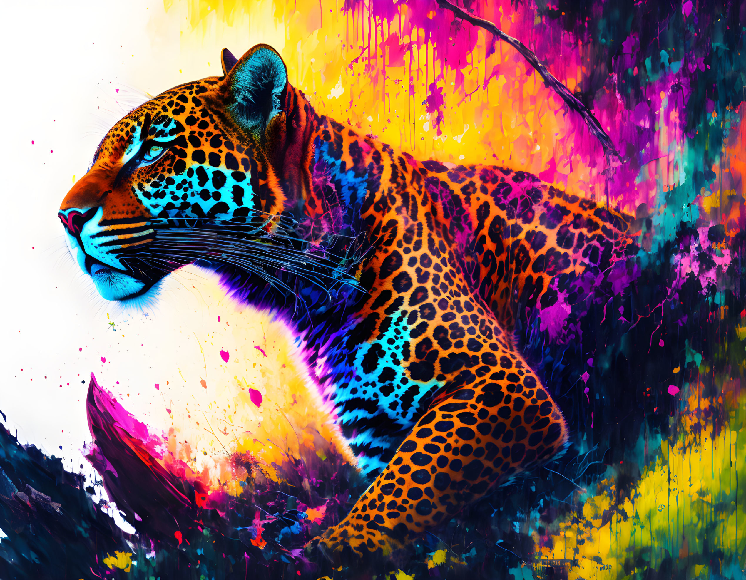 Colorful jaguar digital art with neon colors and paint splatter on abstract background