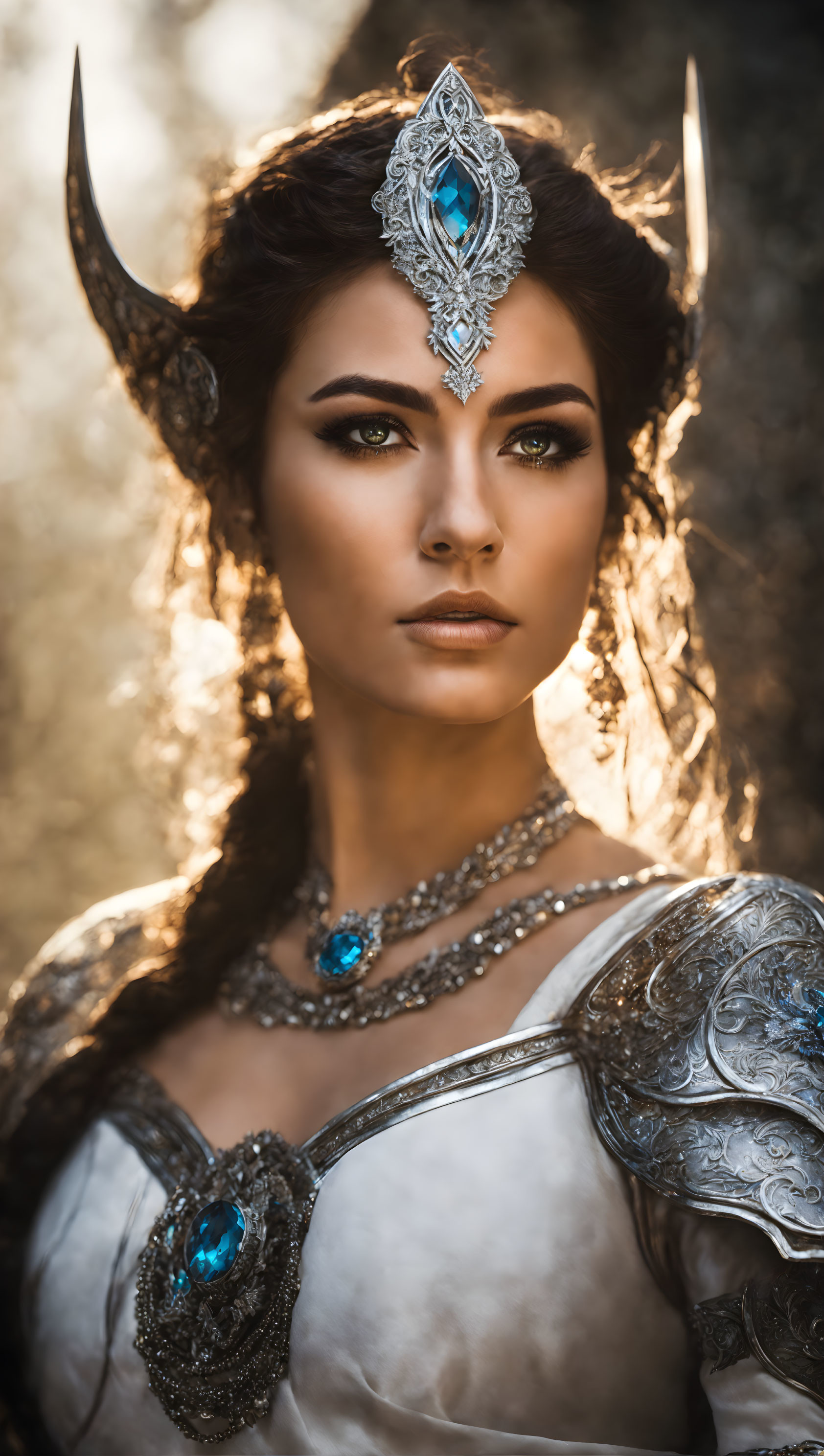 Fantasy-themed woman with ornate armor and striking makeup.