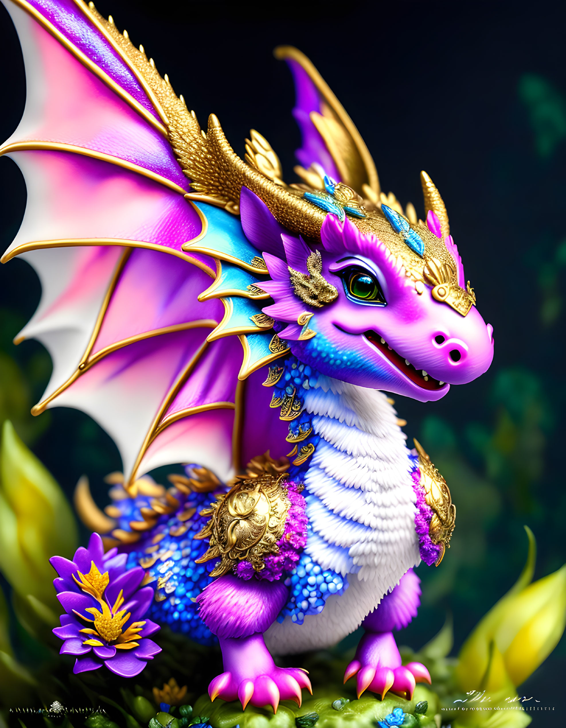 Colorful dragon with pink and blue scales and large translucent wings next to a purple flower