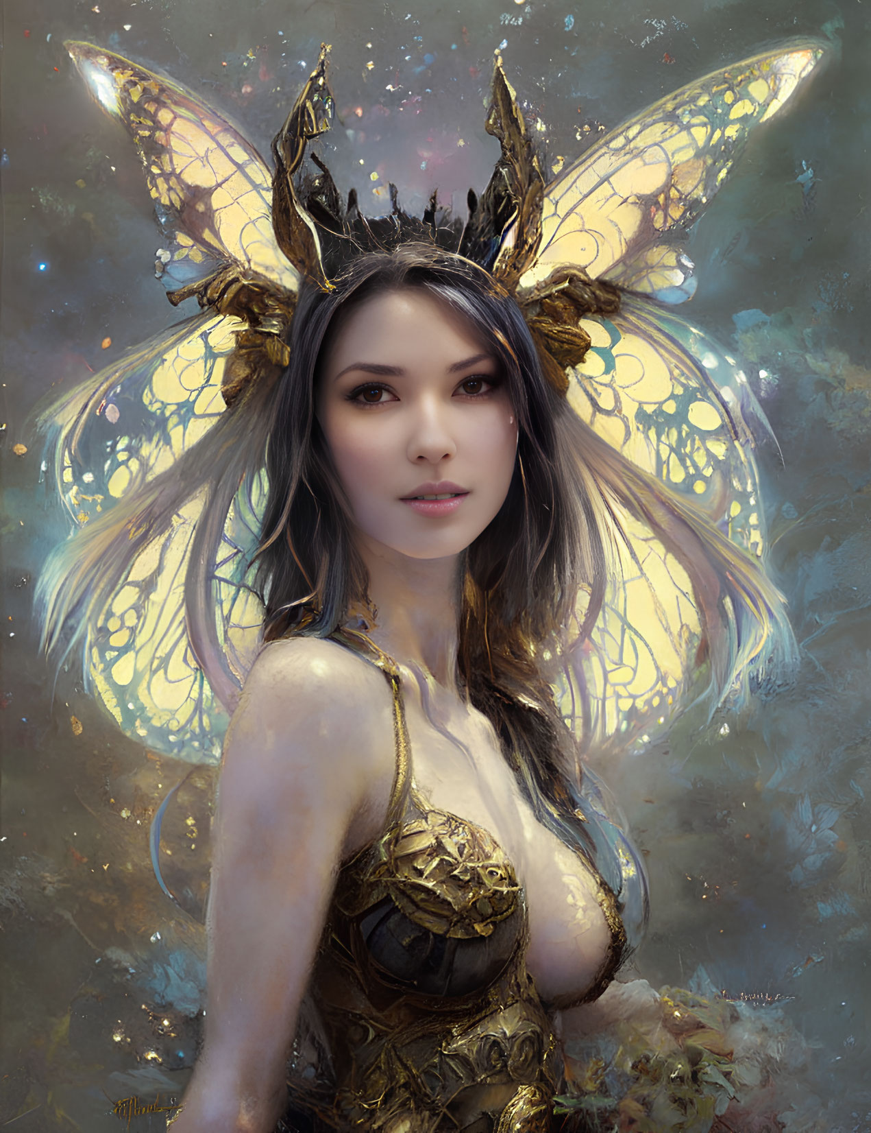 Woman wearing ornate butterfly crown and attire in mystical setting