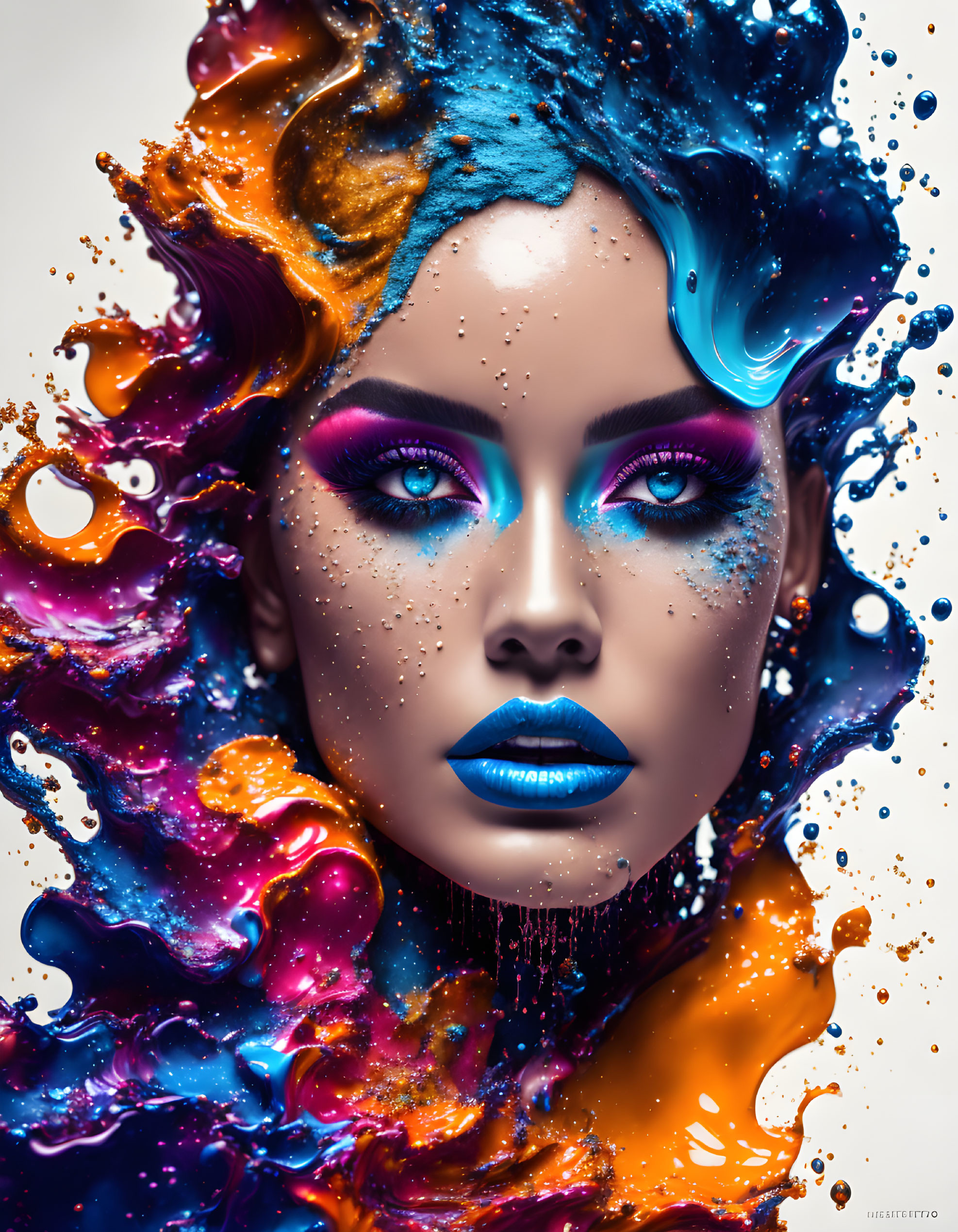 Colorful swirling paint-like design on woman's face with bold blue makeup