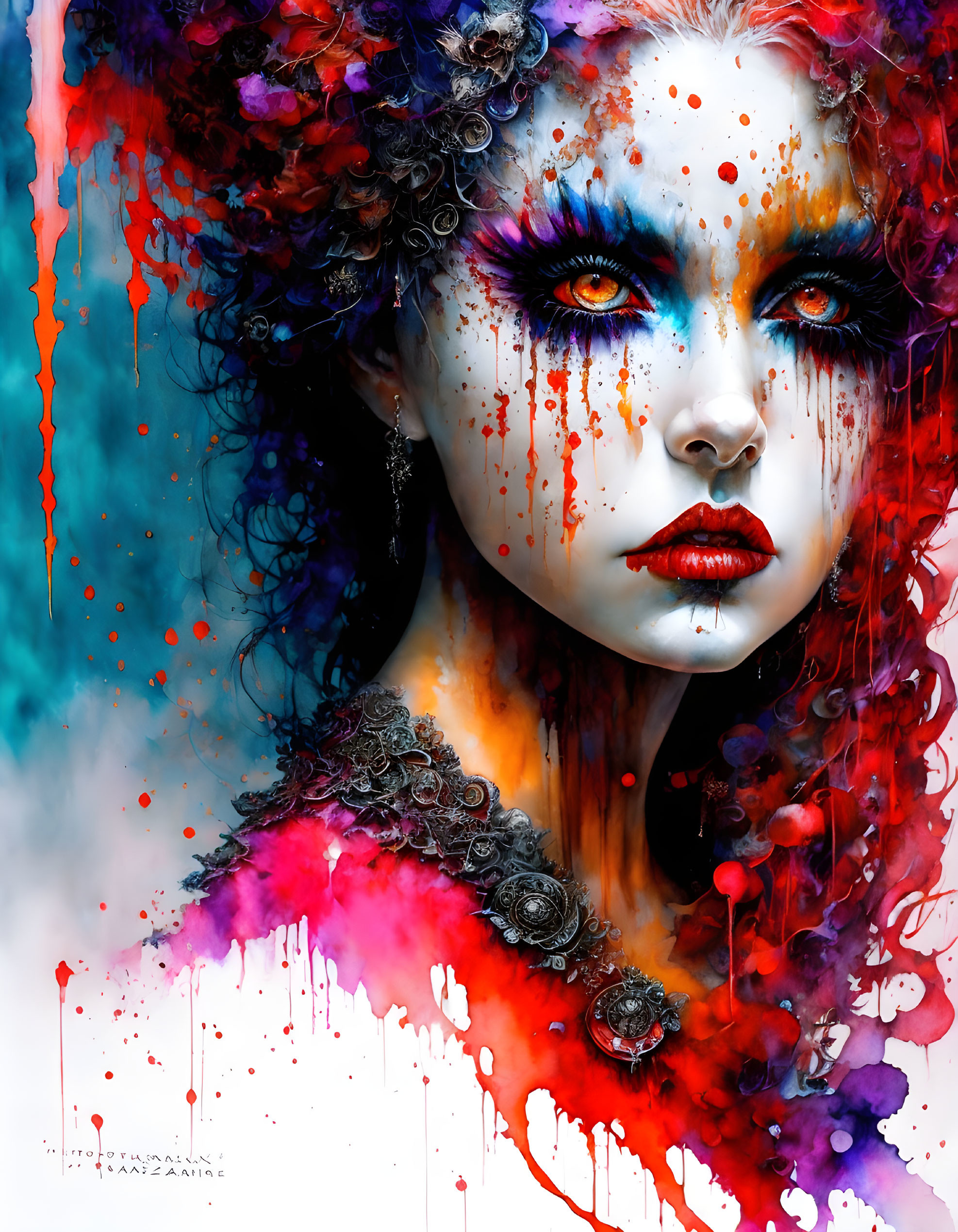 Colorful digital artwork of a woman with dramatic makeup and vivid blue, red, and purple splashes