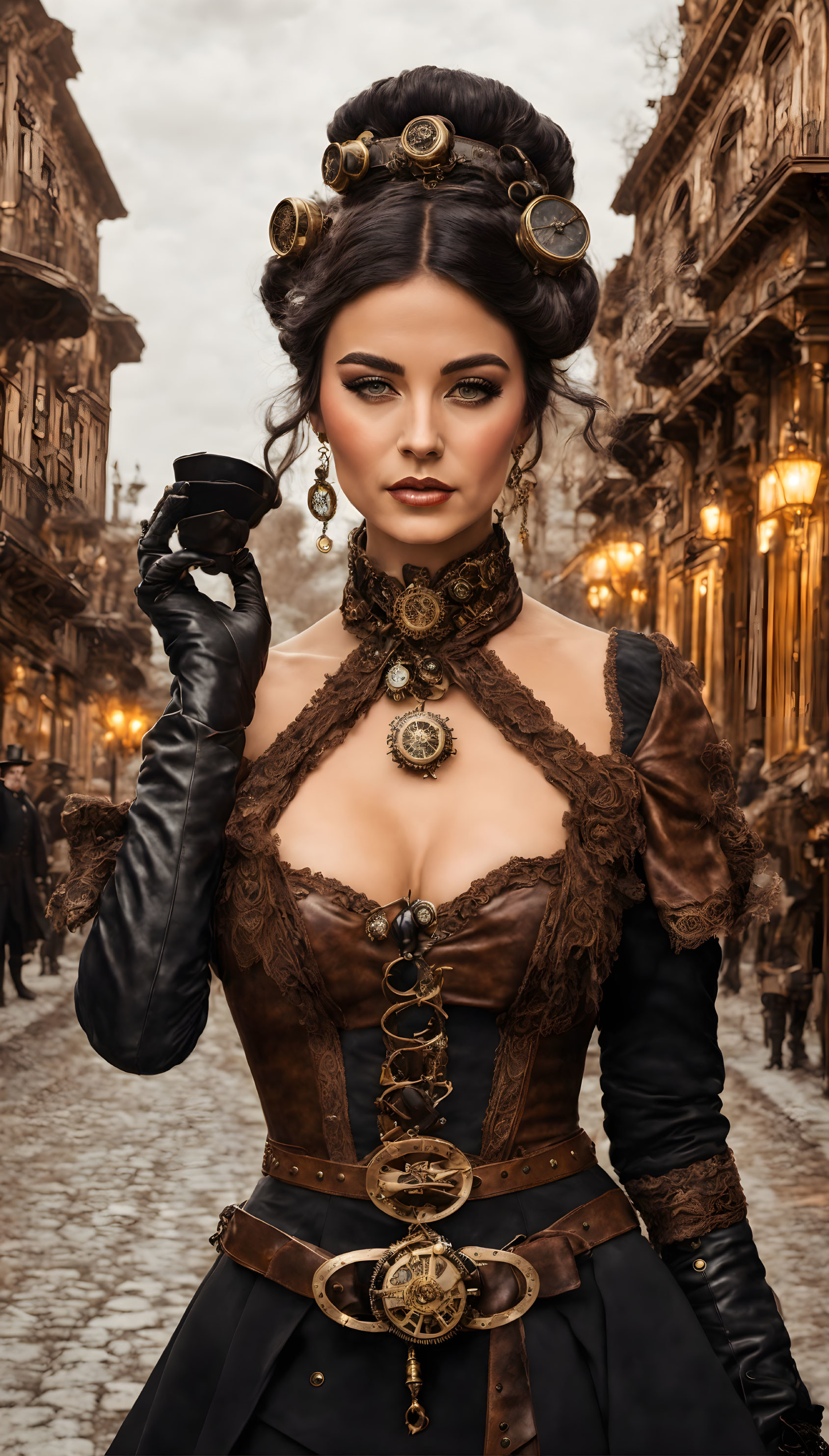 Steampunk-themed woman poses in historical street setting