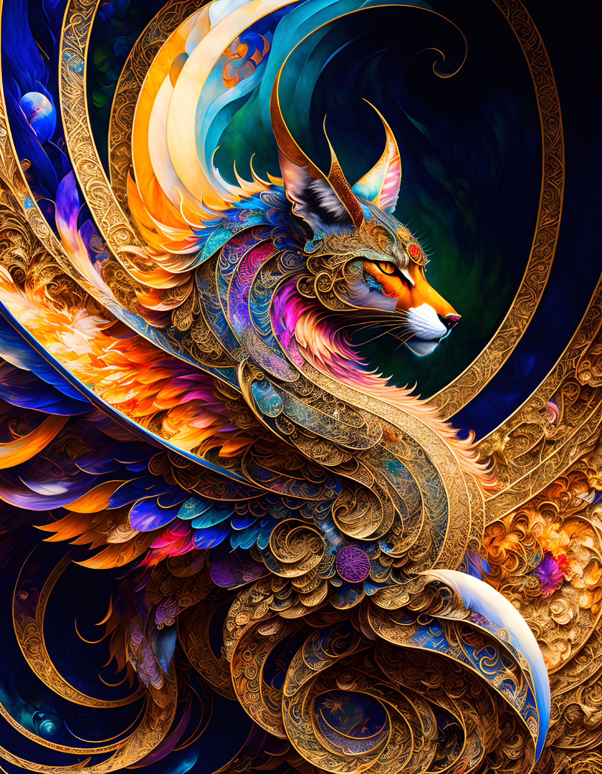 Colorful mythical fox digital artwork with ornate swirling patterns