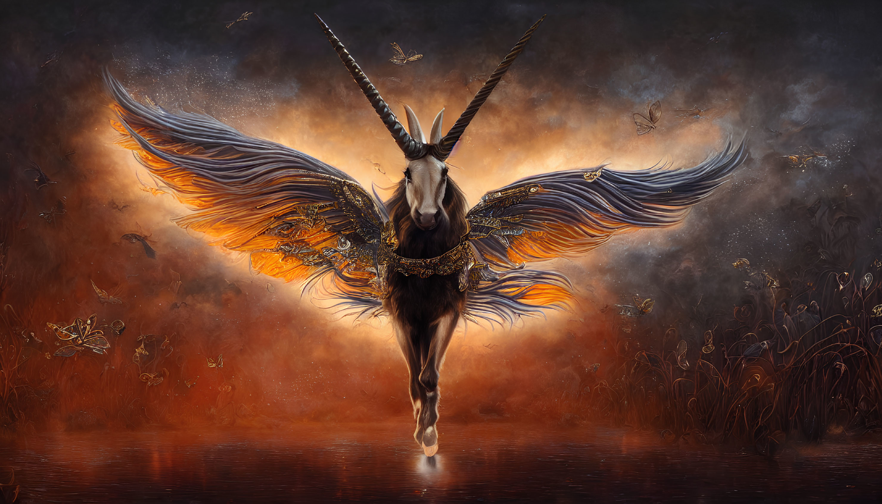 Majestic winged unicorn in fiery landscape with butterflies