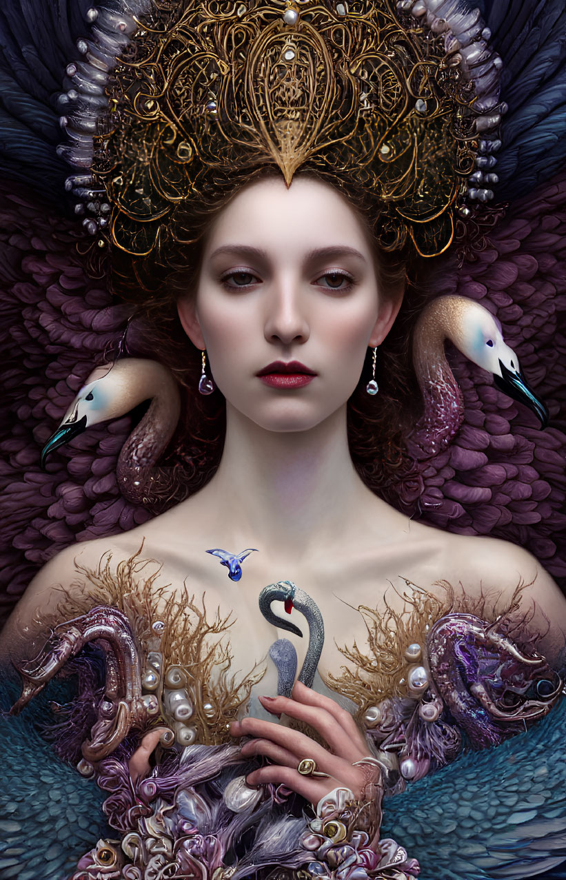 Pale-skinned woman with gold headdress, violet feathers, swans, and blue butterfly.