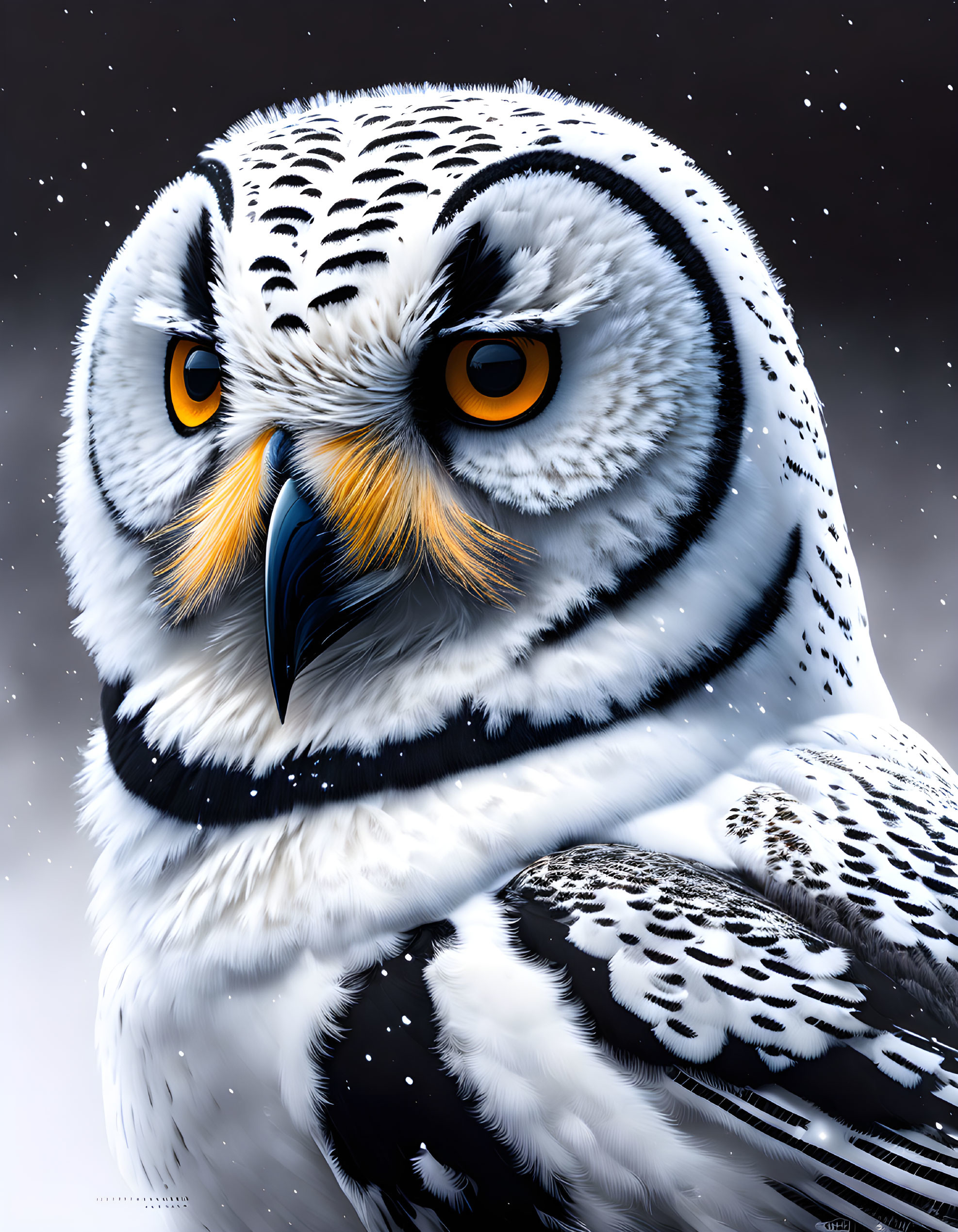 Detailed Snow Owl Illustration with Orange Eyes & Feather Patterns