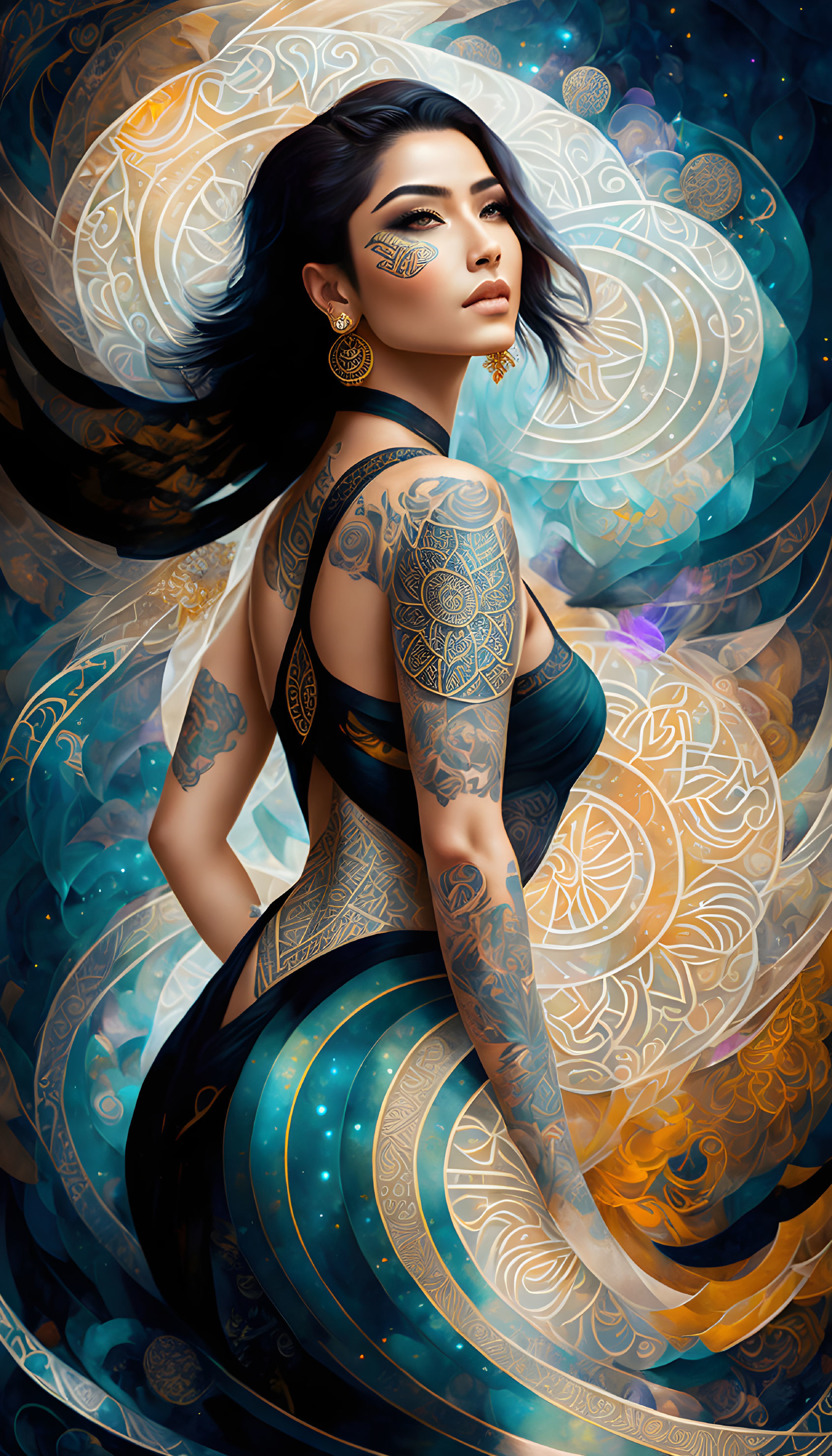 Woman with tattoos in cosmic backdrop: Golden swirls & blue patterns