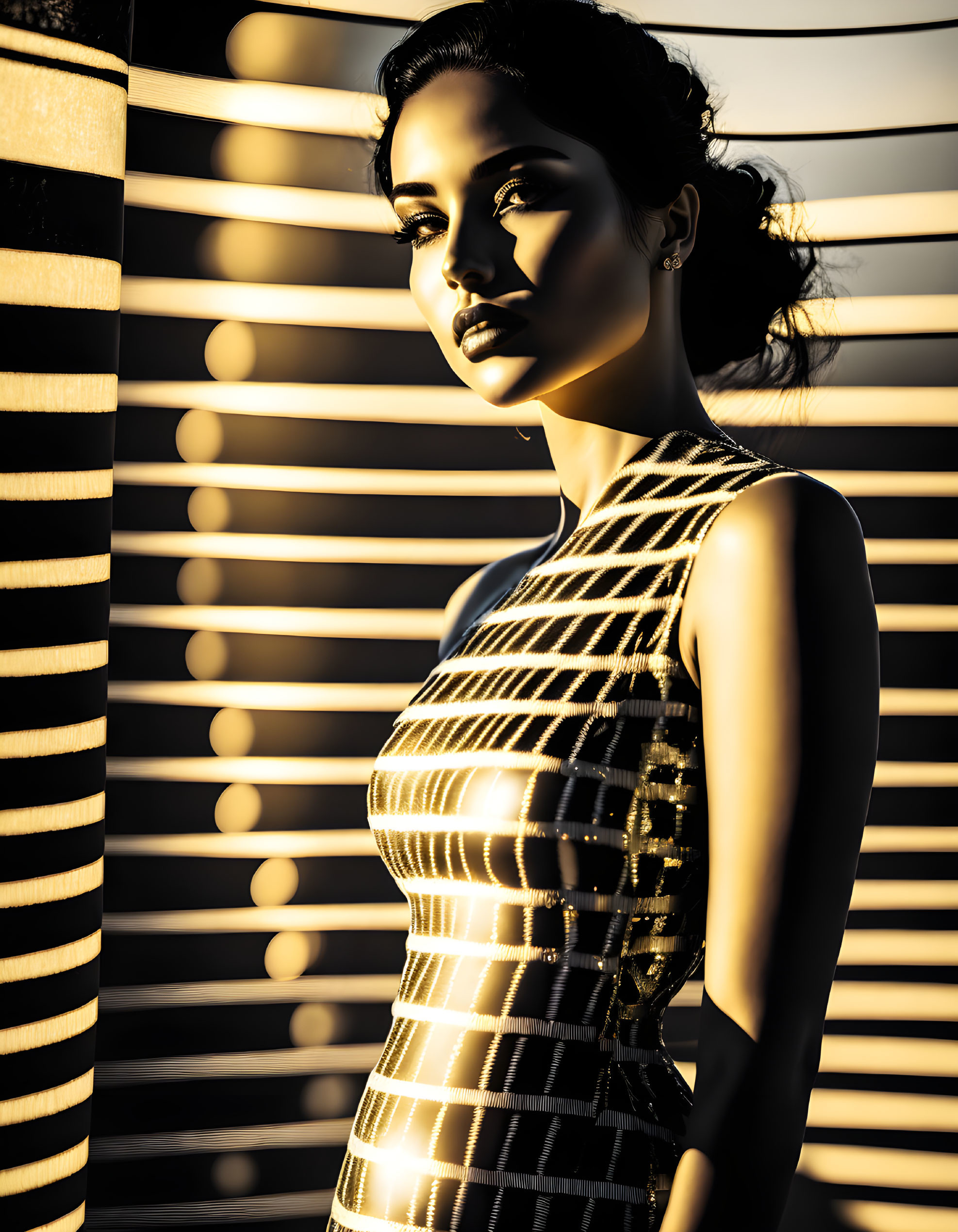 Woman in Striped Dress in Dramatic Chiaroscuro Lighting