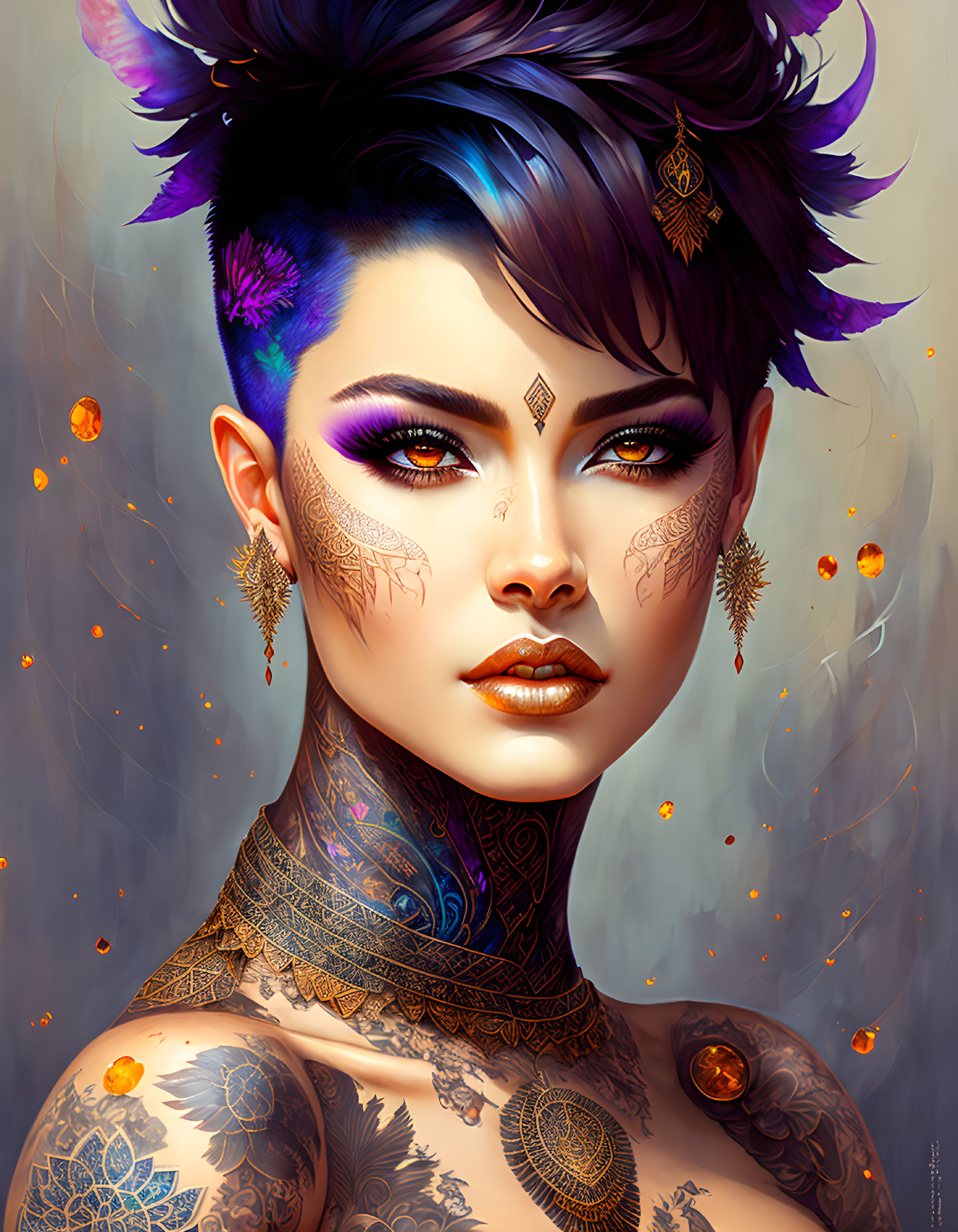 Person with vibrant tattoos, purple highlighted short hair, ornate jewelry, captivating eyes, and floating em