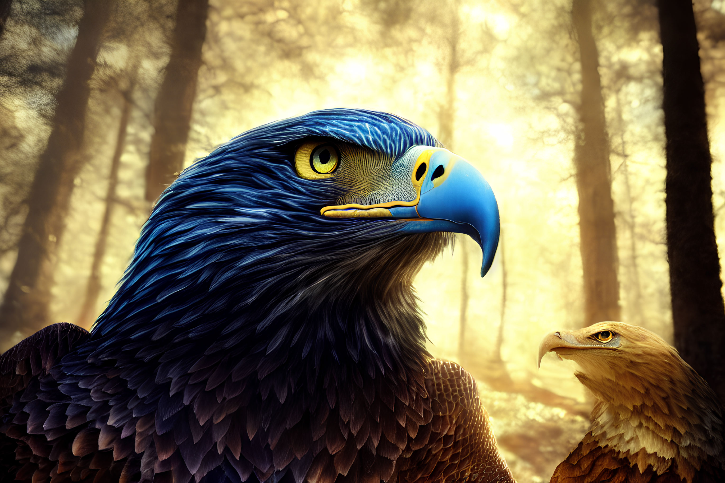 Detailed Illustration of Majestic Blue Eagles in Mystical Forest