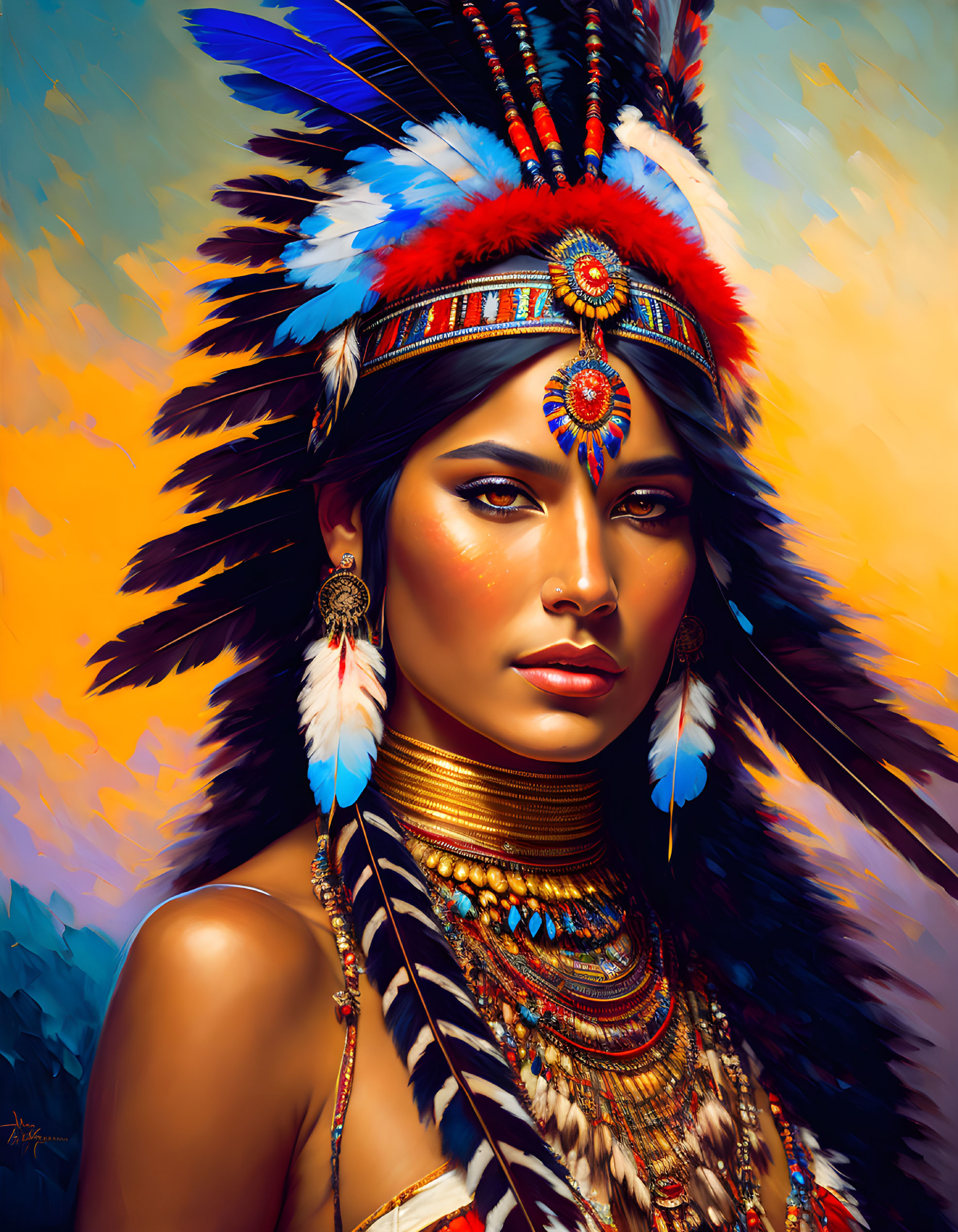 Woman in Native American headdress with feathers and beads on colorful background