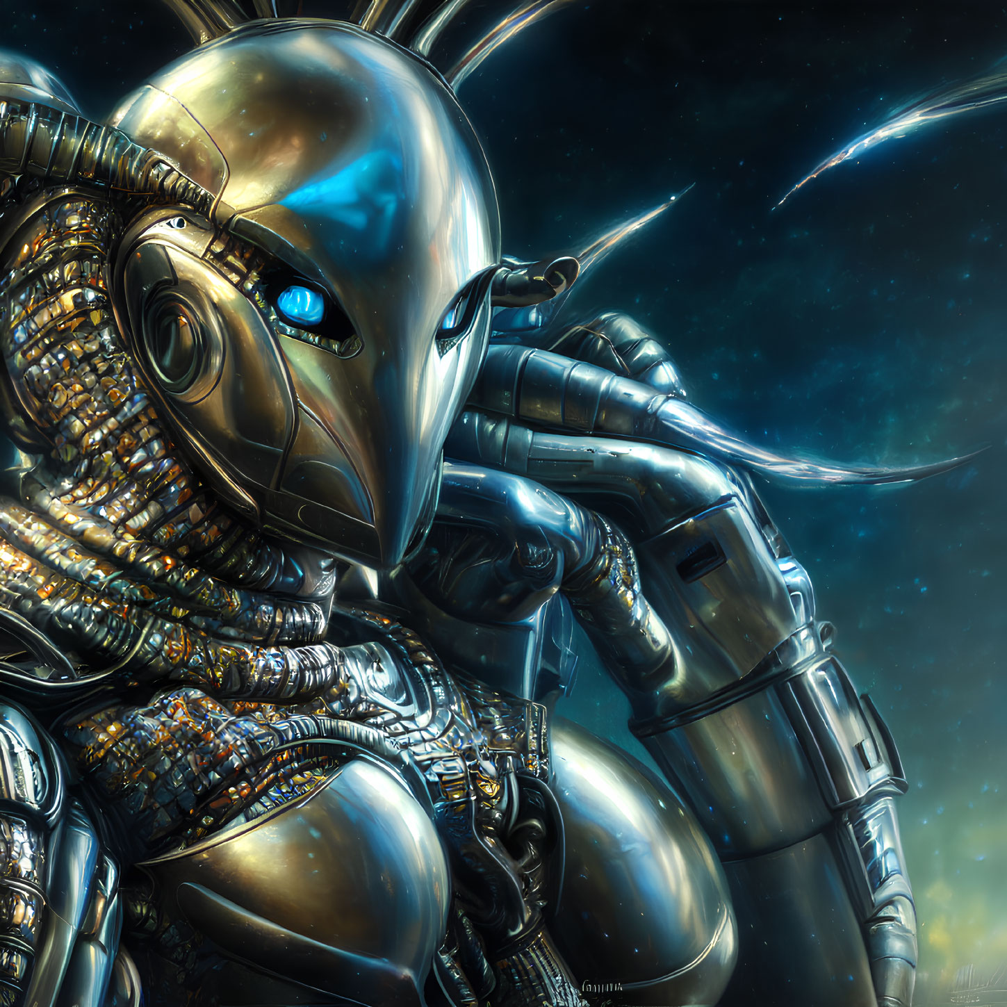 Futuristic robot with metallic armor and blue eyes in space