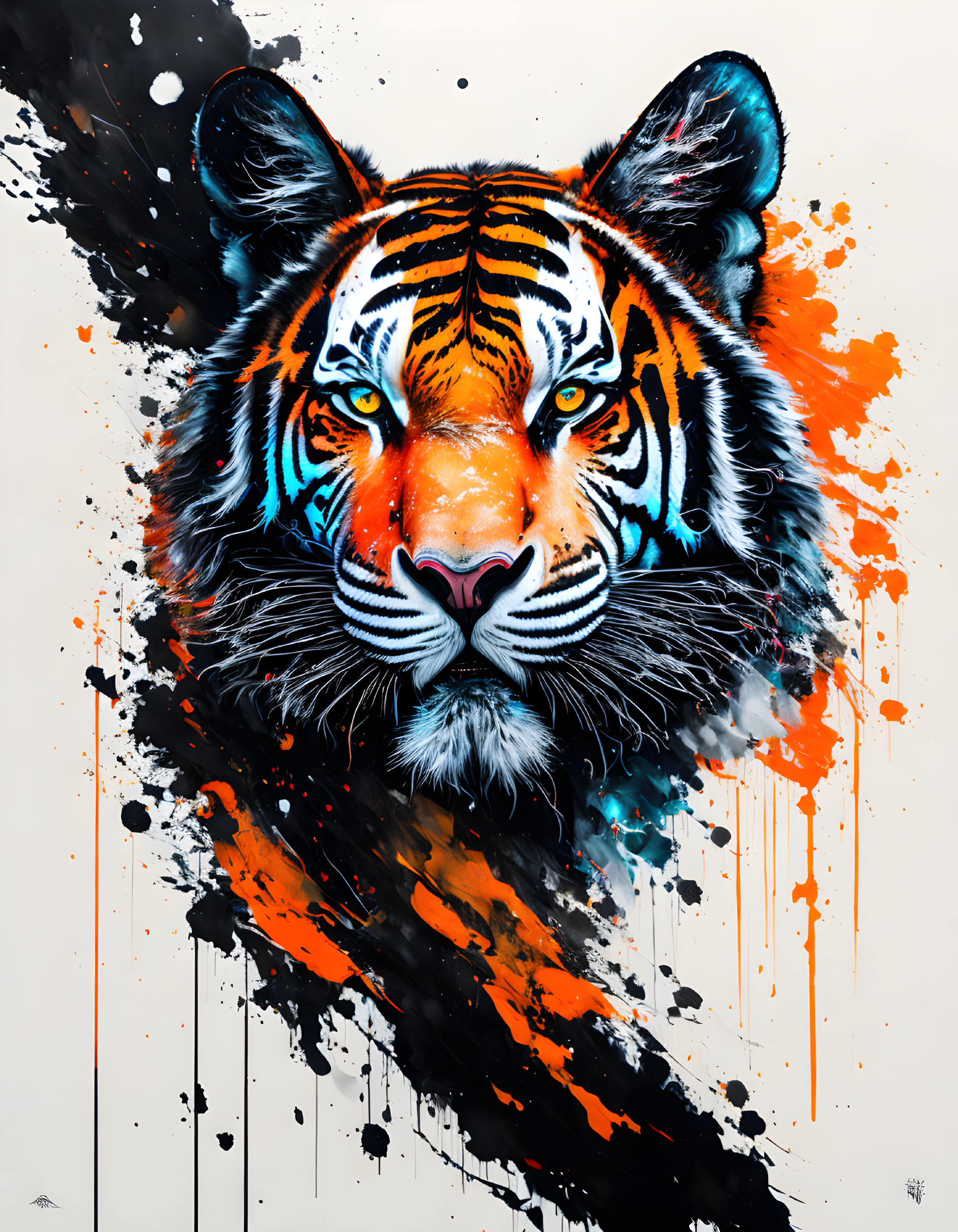 Colorful Tiger Face Painting with Orange, Black, and Blue Strokes