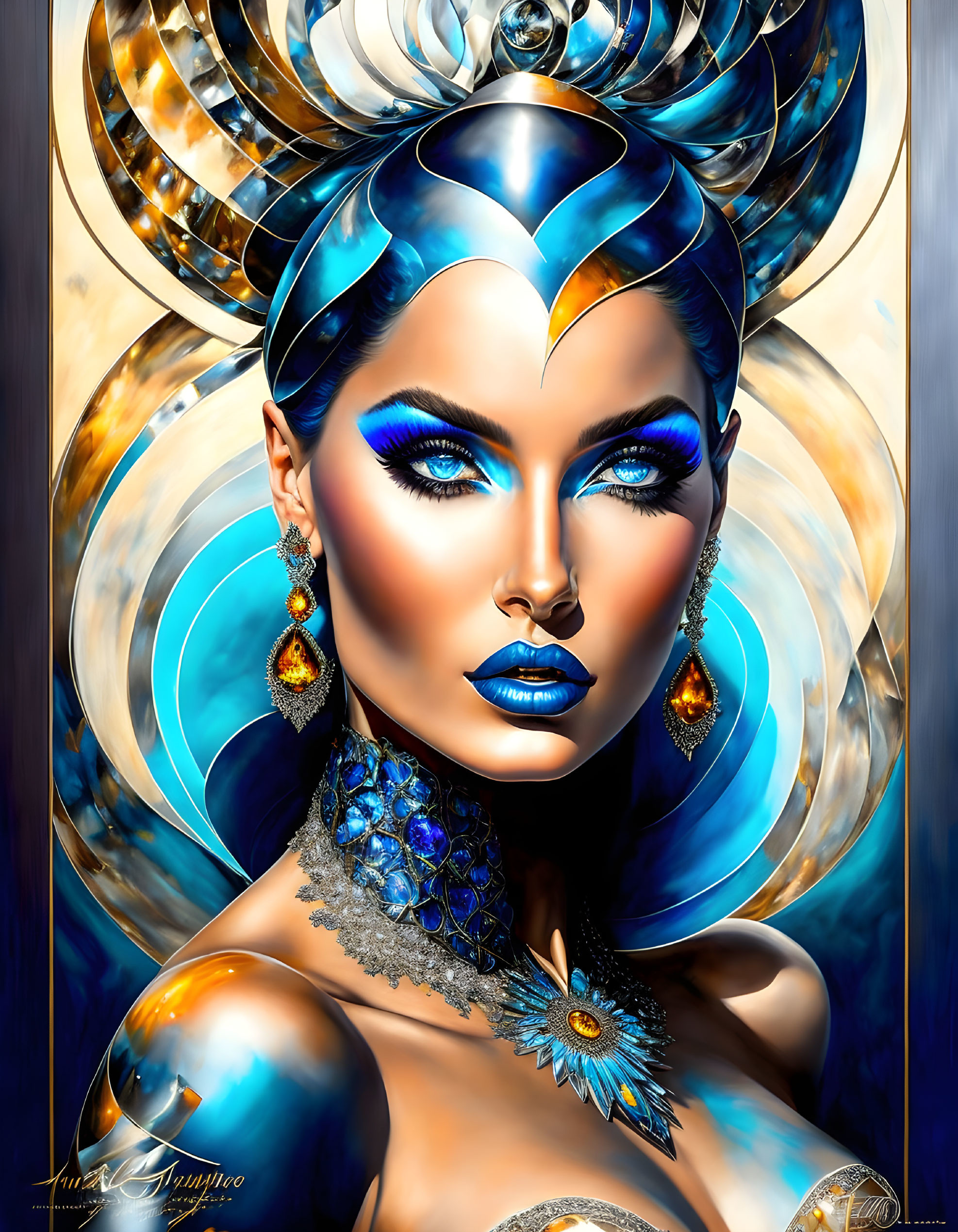 Vibrant blue makeup and golden jewelry on digital woman artwork