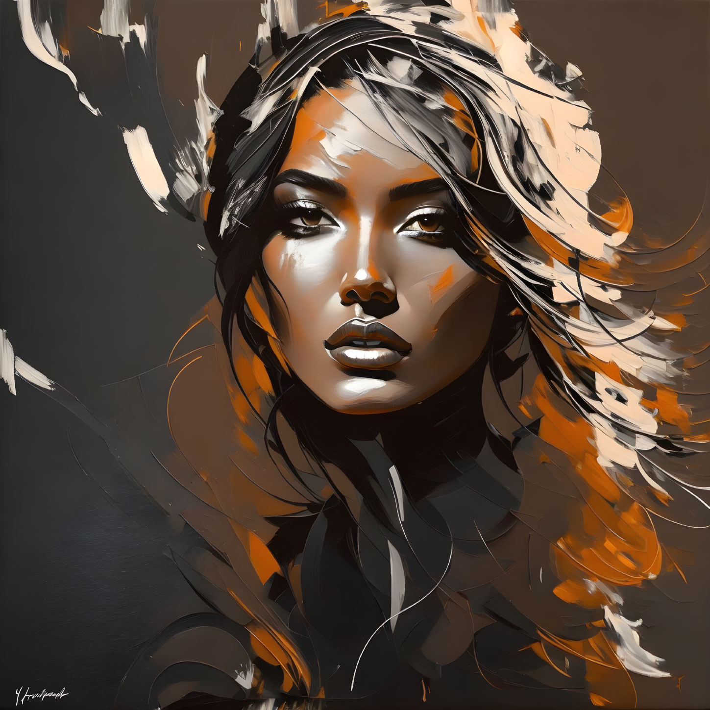 Striking woman portrait in brown, orange, and white hues on dark backdrop