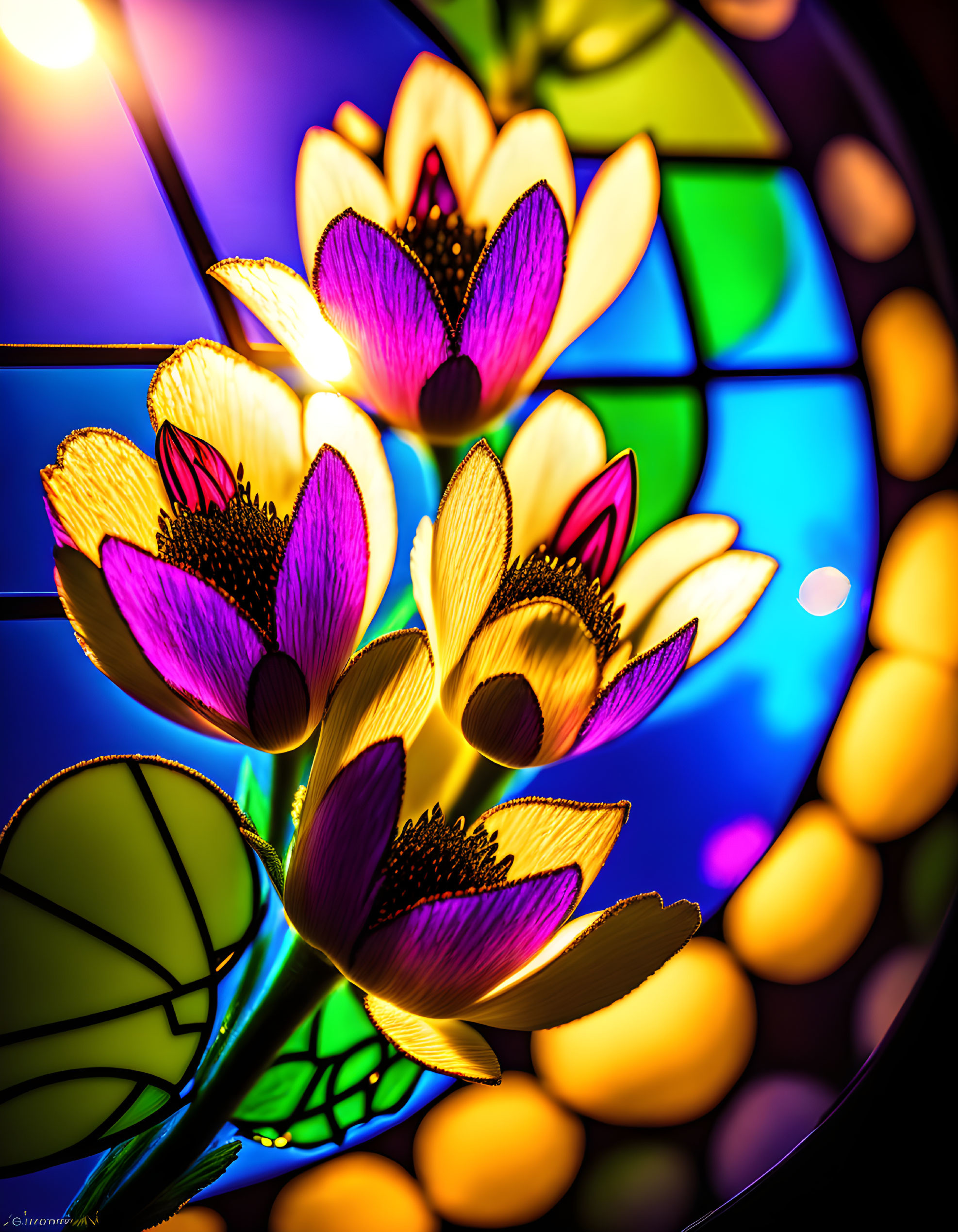 Colorful illuminated glass art with lotus flowers on stained glass backdrop