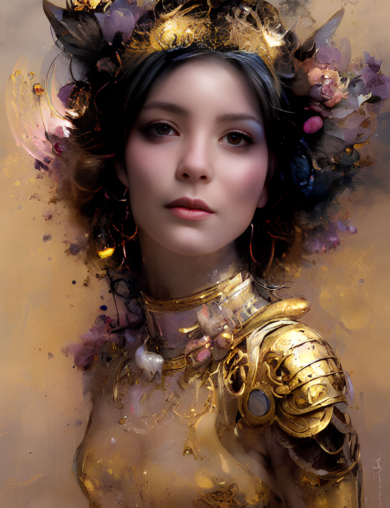 Portrait of Woman in Gold Armor and Floral Headdress with Soft Pastel Colors